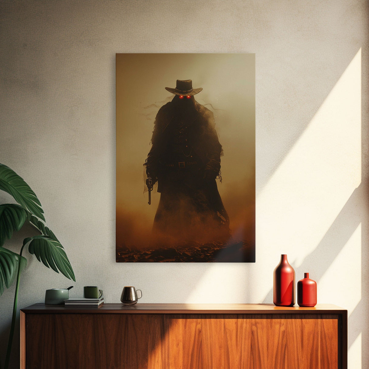 Mysterious Cowboy with Glowing Red Eyes in Desert | Halloween Wall Art | Spooky Home Decor | Creepy Cowboy Painting | Framed Canvas Print