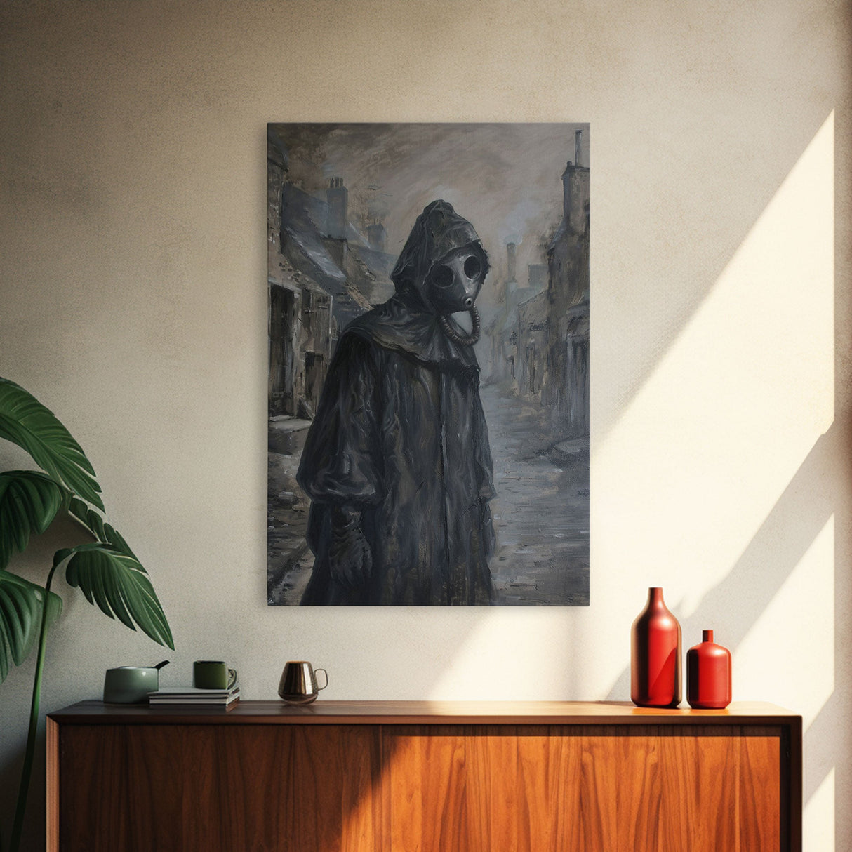 Plague Doctor in Abandoned Town | Halloween Wall Art | Spooky Home Decor | Creepy Plague Doctor Painting | Framed Canvas Print