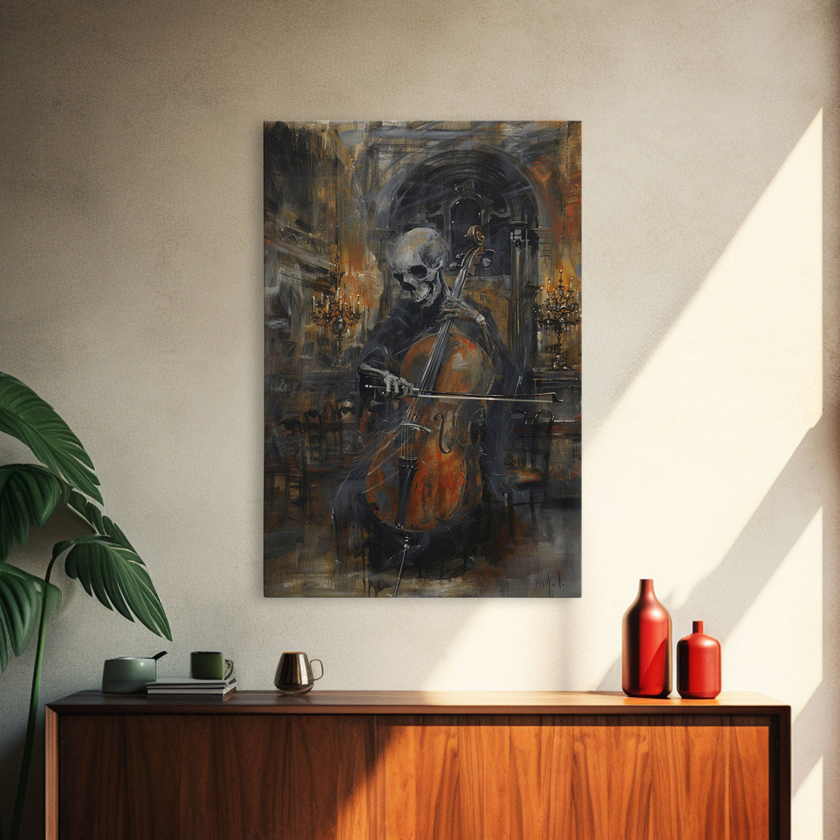 Skeleton Cellist in Gothic Cathedral | Halloween Wall Art | Spooky Home Decor | Creepy Skeleton Musician Painting | Framed Canvas Print