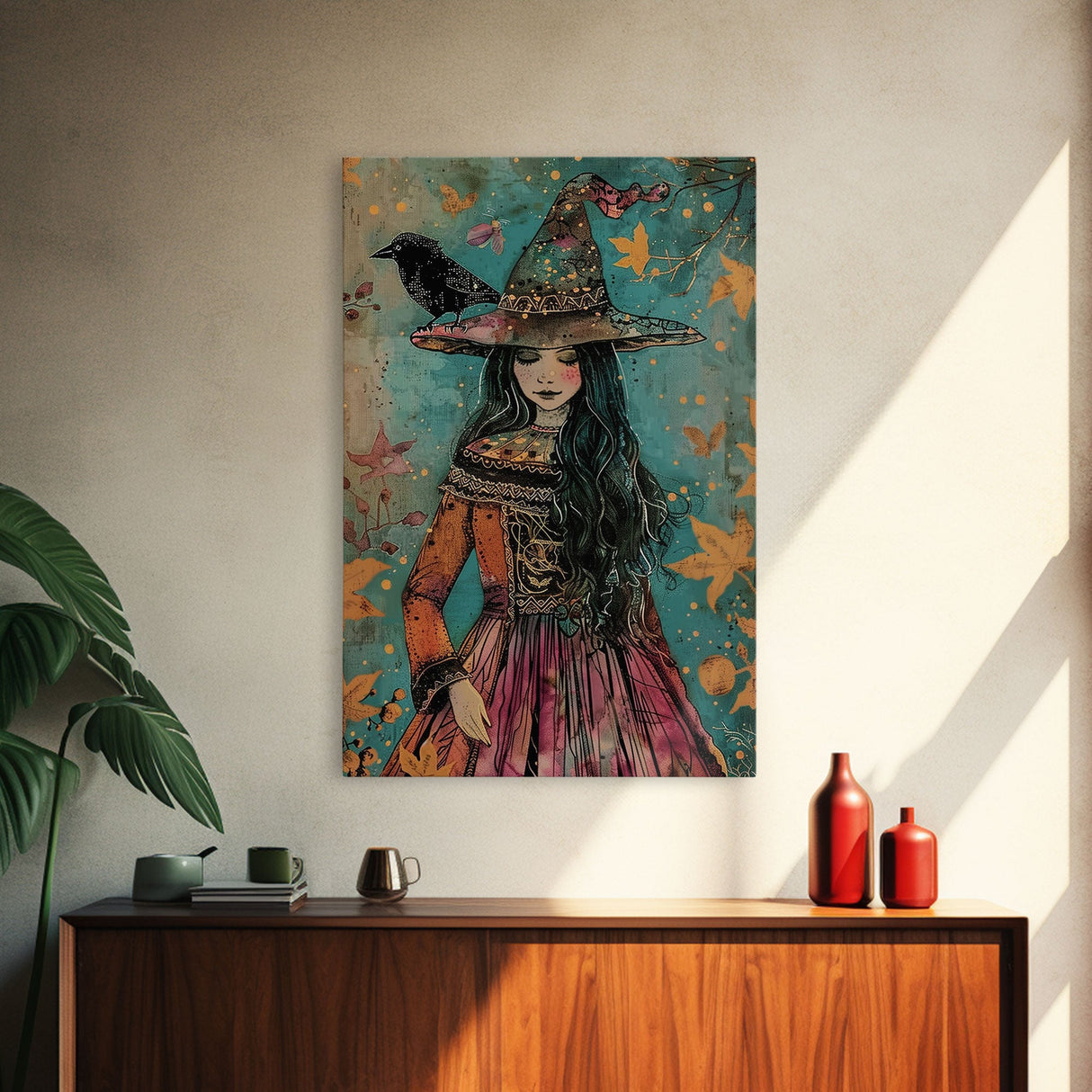 Enchanting Witch with Raven - Halloween Wall Decor - Spooky Home Art Print - Halloween Gift for Witch Lovers - Creepy Art Halloween Decor