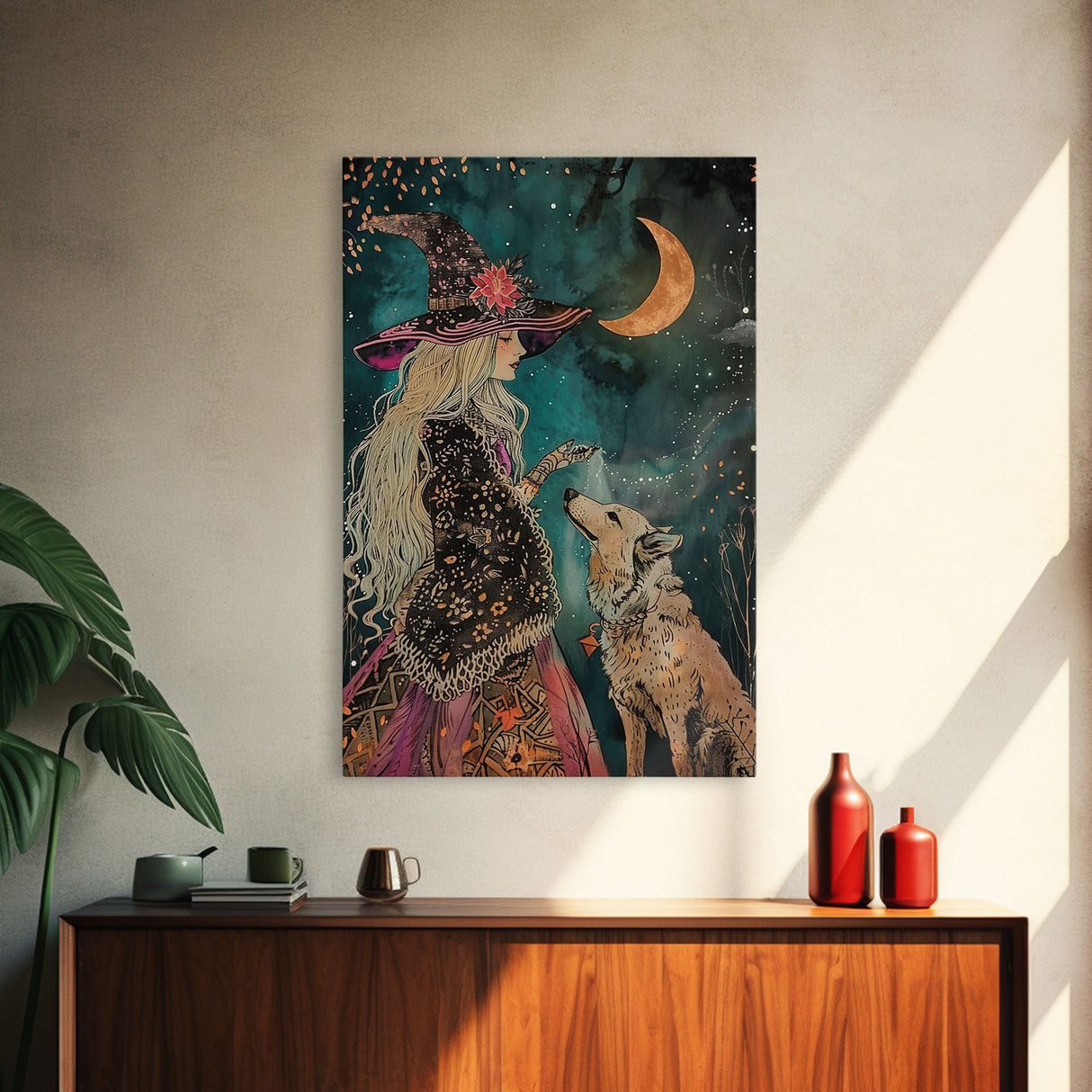Mystical Witch and Wolf Under Crescent Moon - Halloween Wall Art - Spooky Home Decor - Perfect Halloween Gift - Witch and Wolf Painting