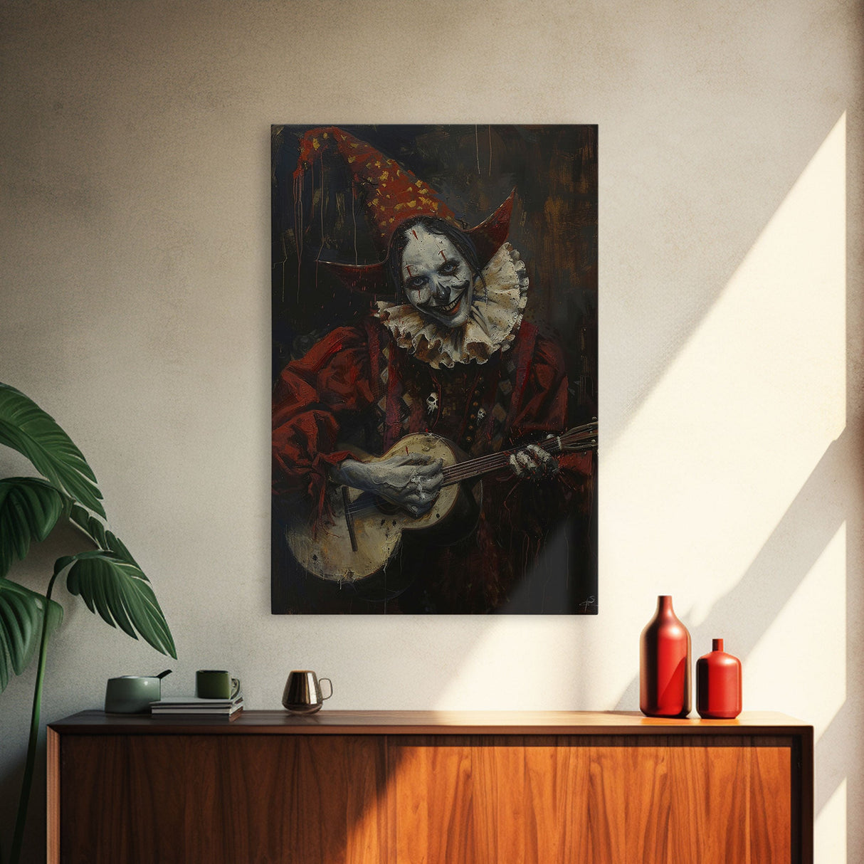Creepy Clown Playing Guitar, Framed Canvas Print, Spooky Circus Art, Halloween Wall Decor, Horror Clown Illustration, Creepy Home Decor