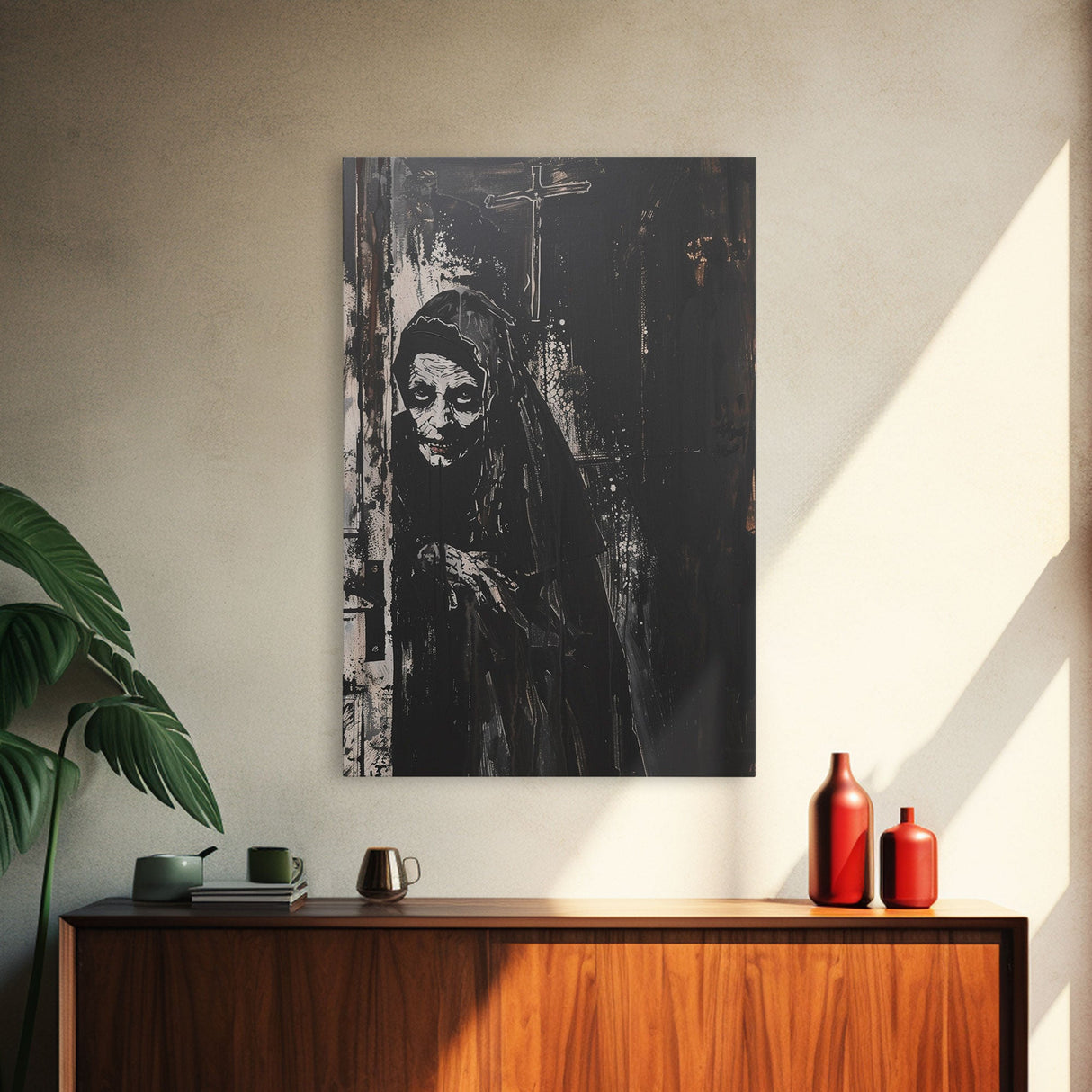 Haunted Nun with Eerie Expression, Framed Canvas Print, Gothic Halloween Art, Spooky Religious Decor, Scary Nun Painting, Gothic Home Art