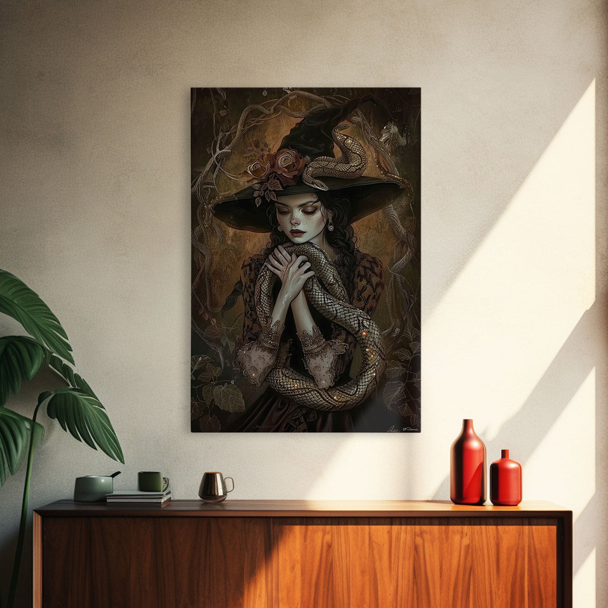 Mysterious Witch Holding Snake, Framed Canvas Print, Gothic Witch Art, Dark Fantasy Decor, Witch and Serpent, Halloween Accessories