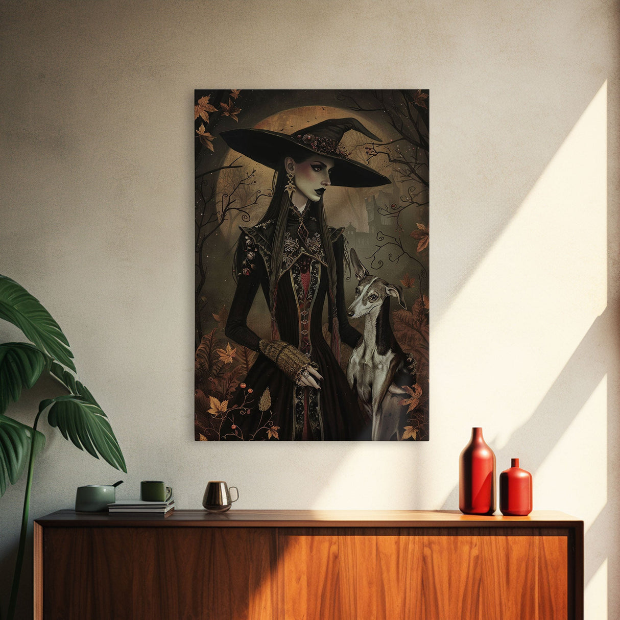 Gothic Witch with Elegant Dog, Framed Canvas Print, Dark Witch Art, Victorian Witch, Halloween Witch Decor, Gothic Home Decor