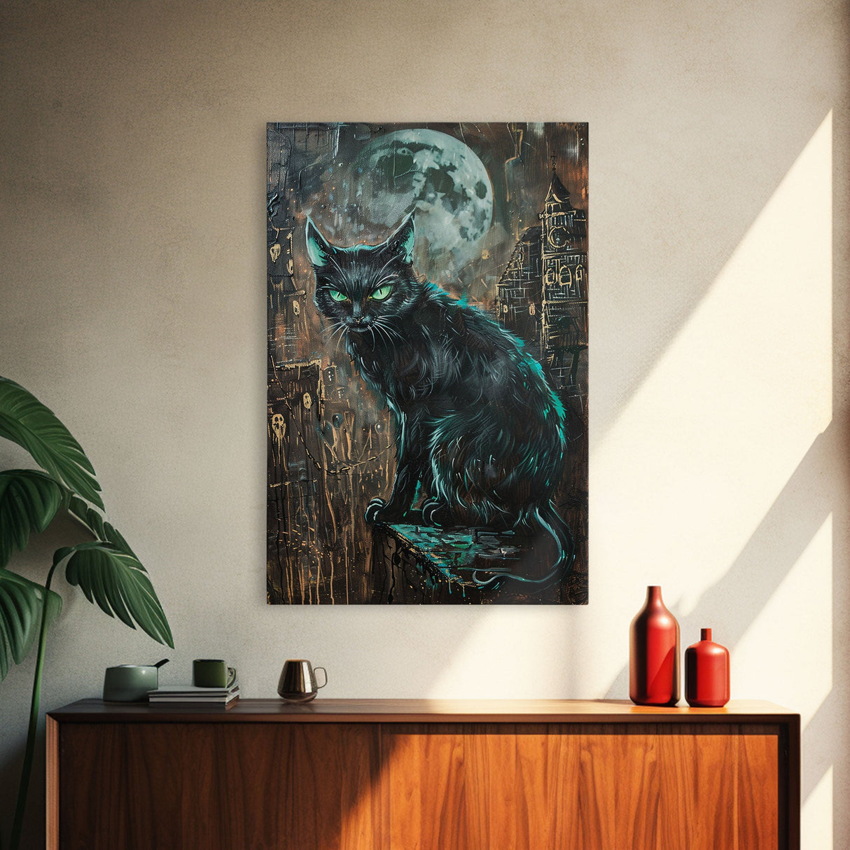 Black Cat with Piercing Green Eyes, Framed Canvas Print, Spooky Cat Art, Witchy Feline Decor, Halloween Wall Art, Gothic Cat Decor