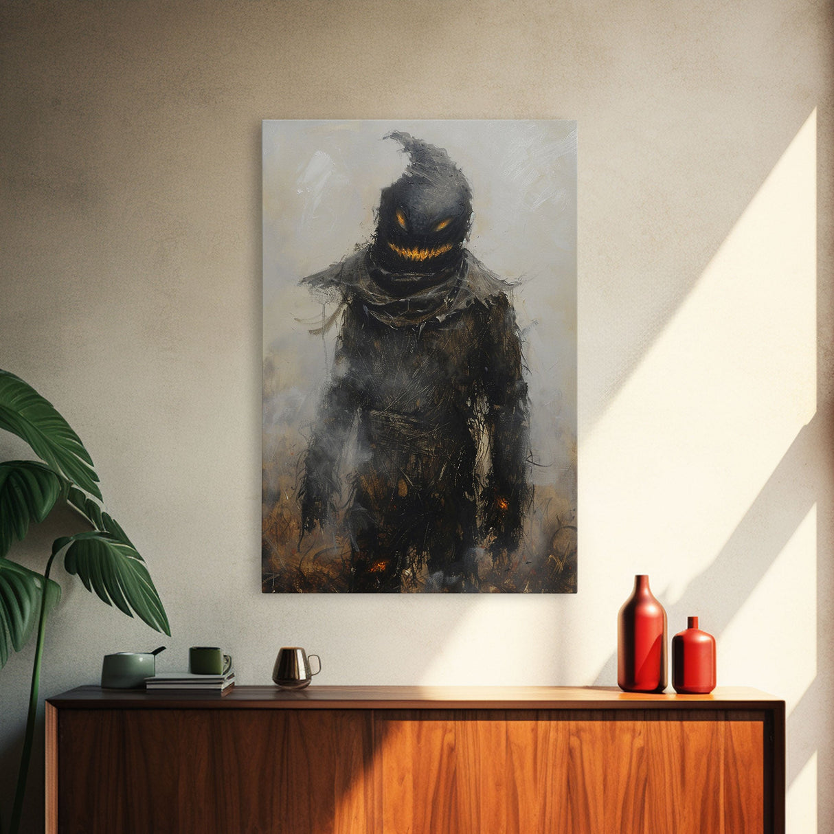 Scarecrow with Glowing Eyes in Dark Field, Framed Canvas Print, Halloween Scarecrow Art, Spooky Farm Decor, Creepy Harvest Illustration