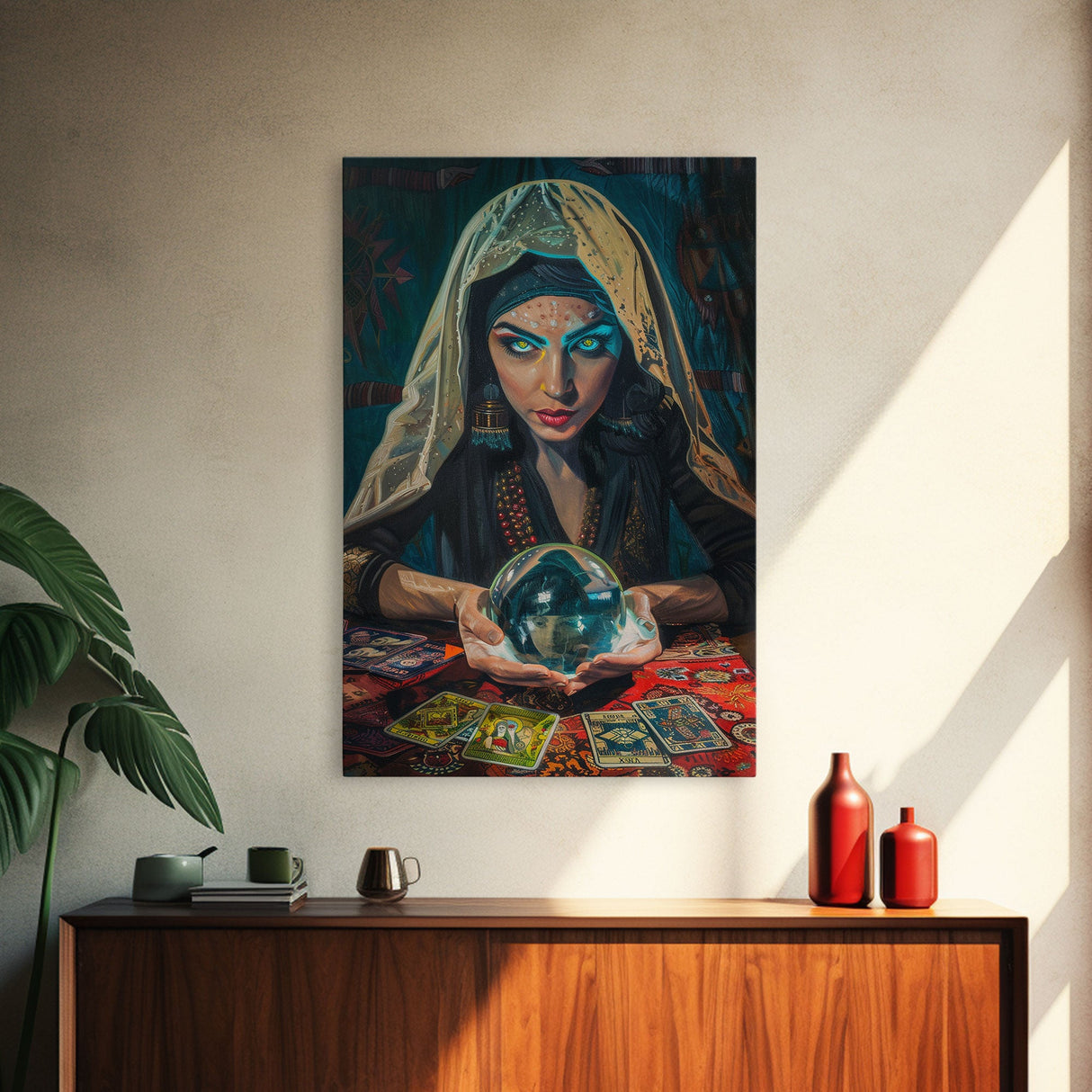 Enchanting Fortune Teller with Crystal Ball Under Moonlight - Mystical Witchcraft Framed Canvas Print, Halloween Gothic Home Decor