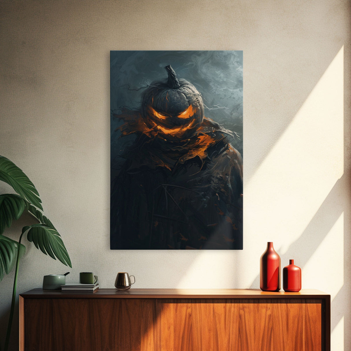 Menacing Pumpkin Head Monster Emerging from Fog - Creepy Halloween Horror Artwork Framed Canvas Print, Spooky Gothic Home Wall Decor
