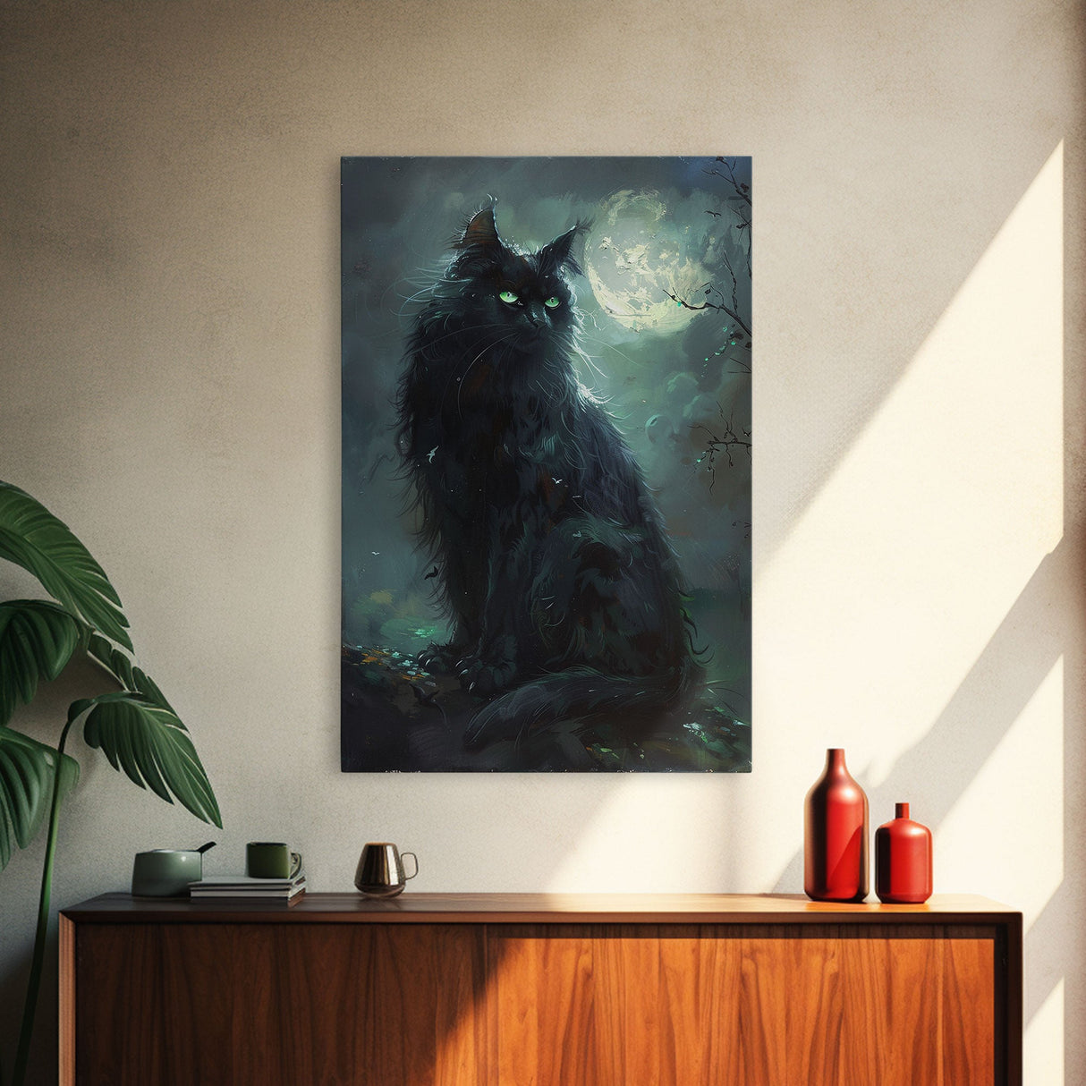 Sinister Black Cat with Green Eyes Under Moonlight - Spooky Halloween Artwork Framed Canvas Print, Gothic Home Wall Decor