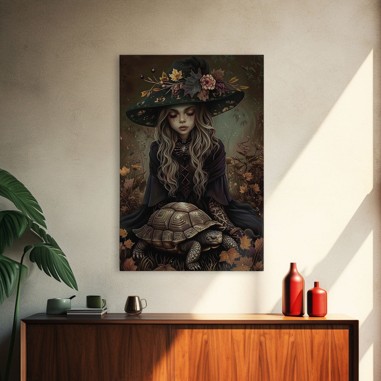 Mystical Witch with Deer in Enchanted Forest - Halloween Art Framed Canvas Print, Spooky Home Wall Decor