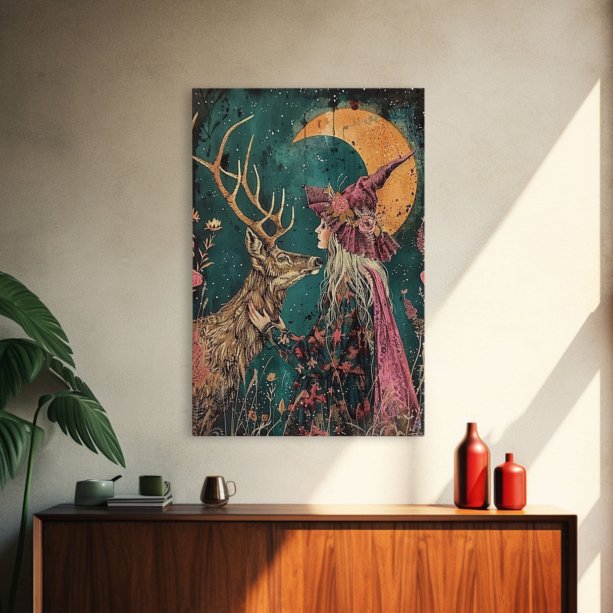 Gothic Witch with Turtle in Dark Forest - Enigmatic Halloween Artwork Framed Canvas Print, Spooky Home Wall Decor