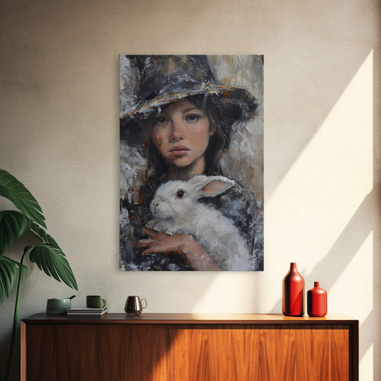 Enchanting Witch with White Rabbit in Serene Autumn Setting - Mystical Forest Art Framed Canvas Print, Halloween Home Decor