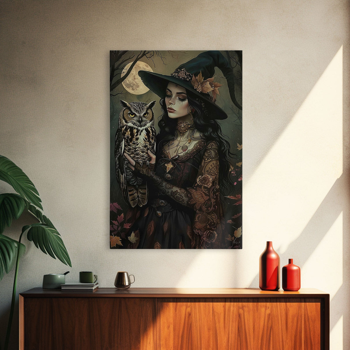 Mysterious Witch with Owl Companion - Moonlit Enchantment, Mystical Beauty Framed Canvas Print, Halloween Wall Art