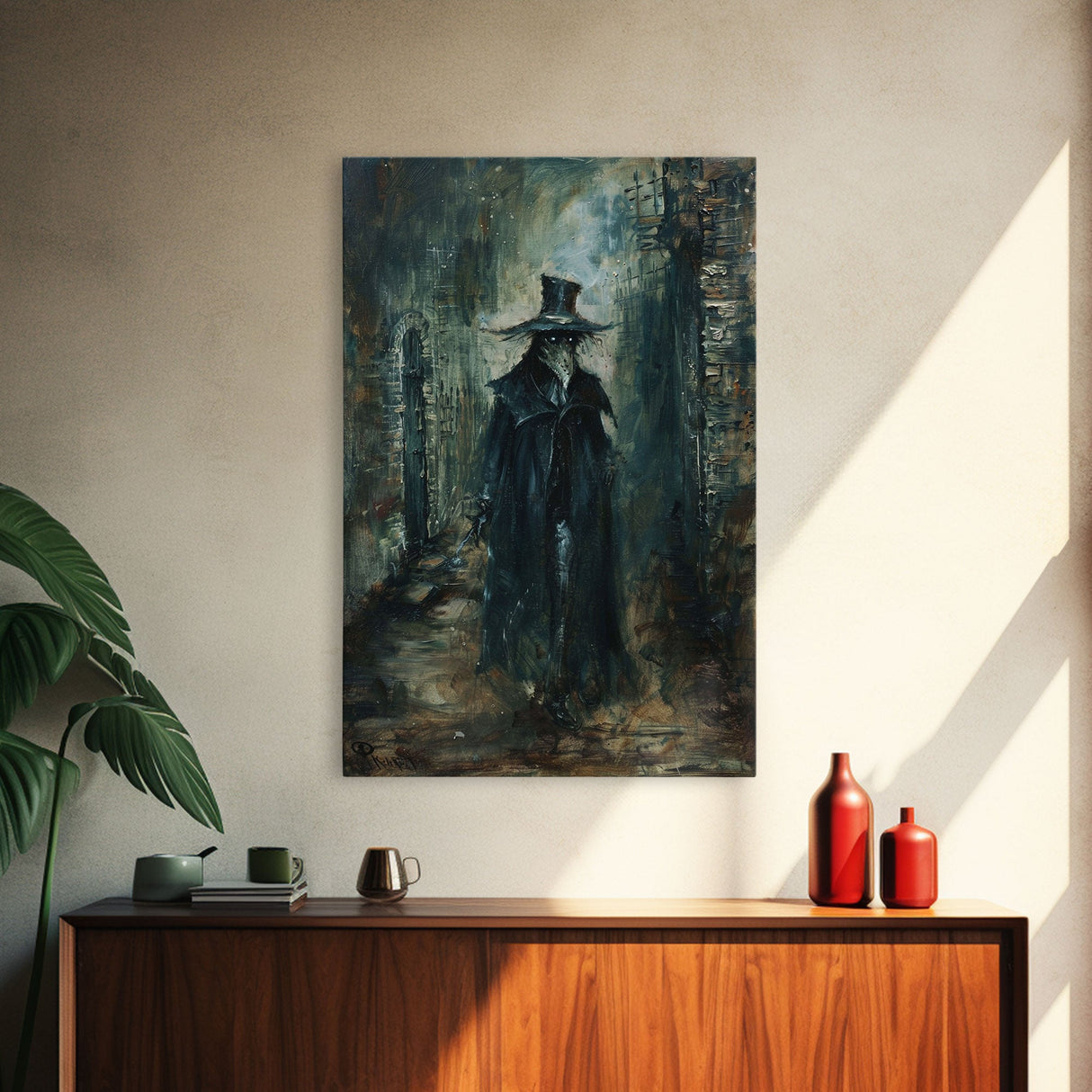 Ghostly Figure in Victorian Attire - Eerie Night Stalker Gothic Art Framed Canvas Print, Halloween Haunted House Decor