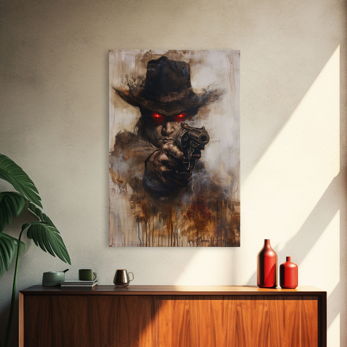 Haunting Cowboy with Red Eyes - Halloween Art, Gothic Art, Spooky Decor, Dark Wild West Art, Menacing Portrait, Framed Canvas Print