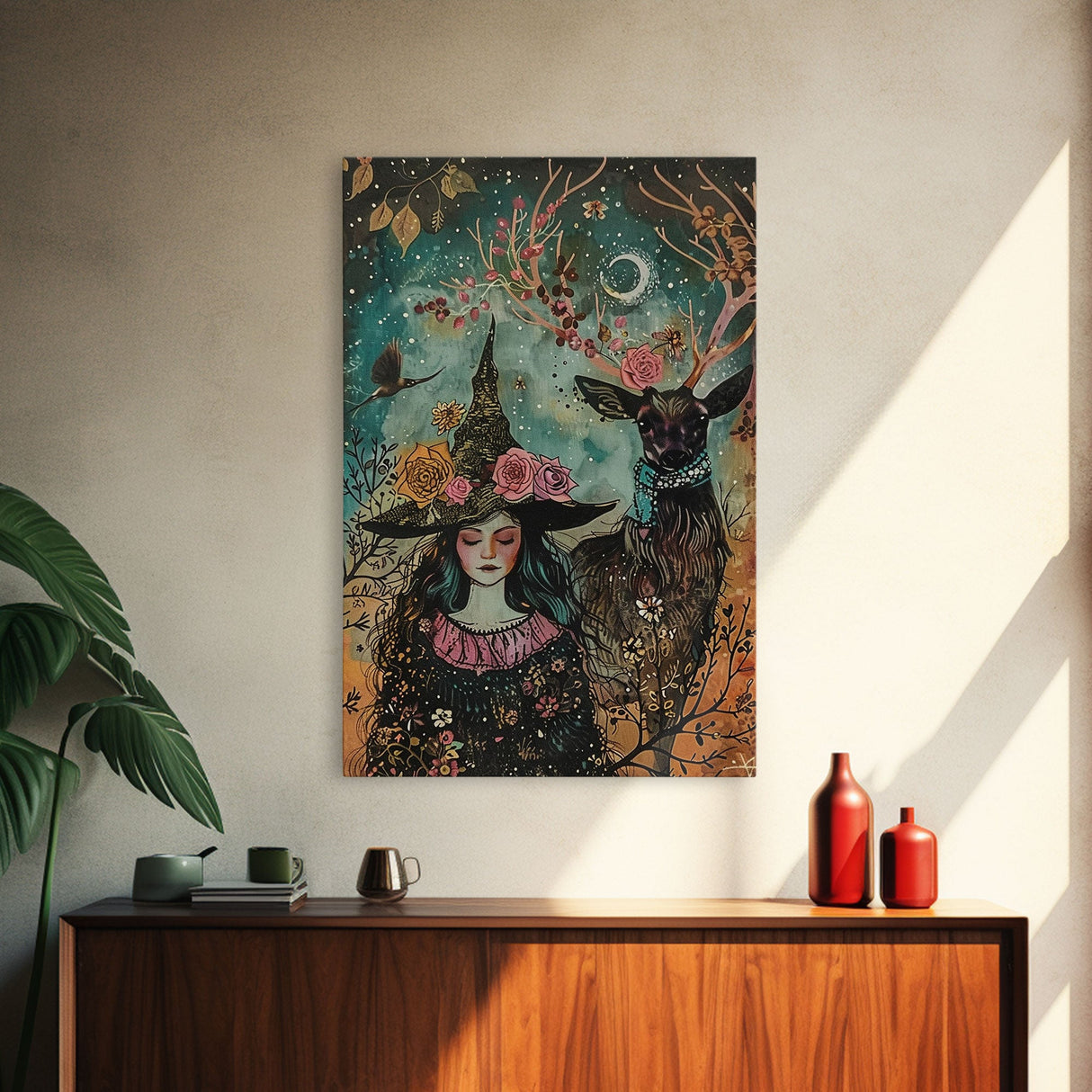 Elegant Witch with Tortoise - Halloween Art, Gothic Art, Spooky Decor, Dark Nature Art, Haunting Portrait, Framed Canvas Print