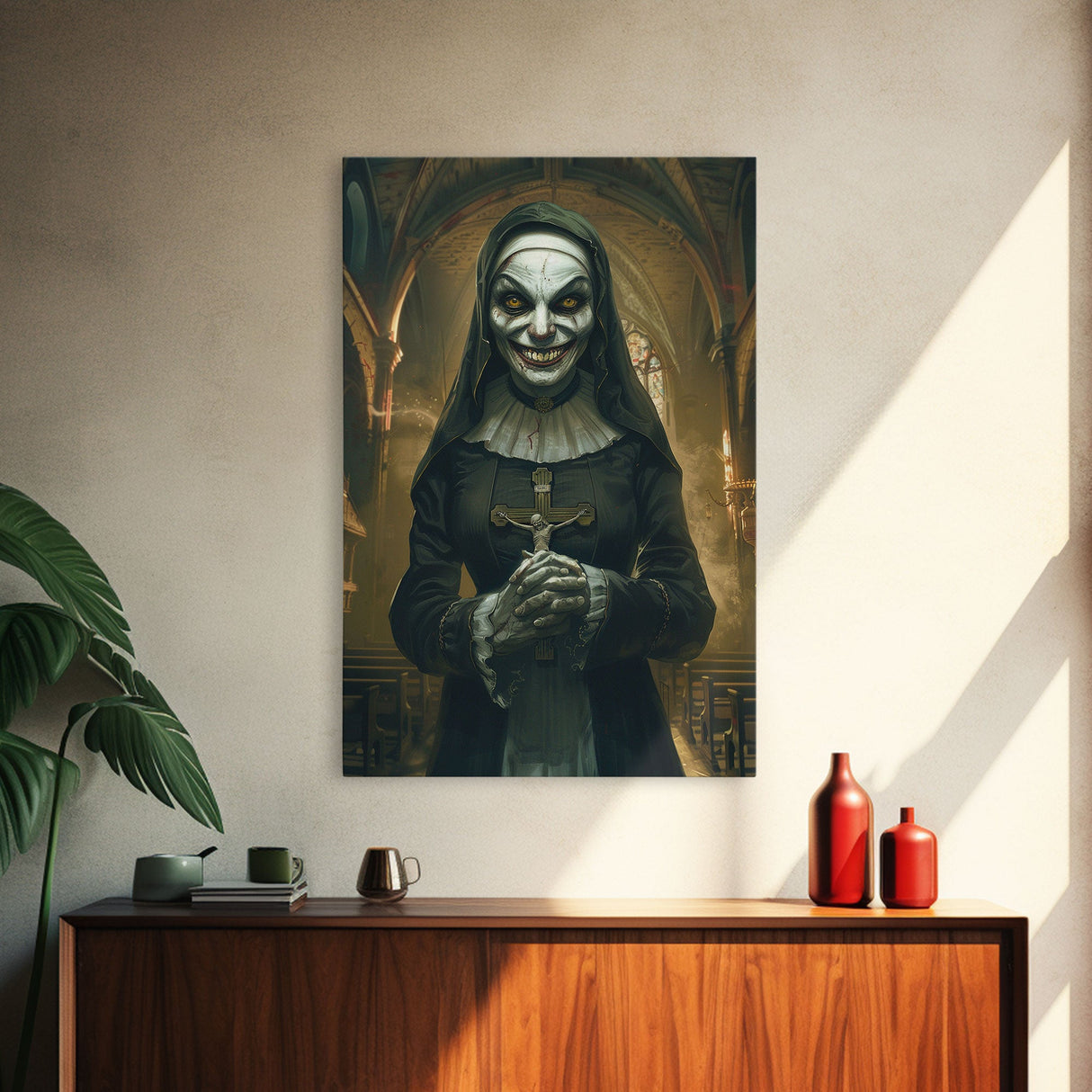 Creepy Nun Canvas Print - Halloween Art, Scary Art, Spooky Home Decor, Creepy Portrait, Gothic Wall Art, Halloween Decor Framed Canvas Print