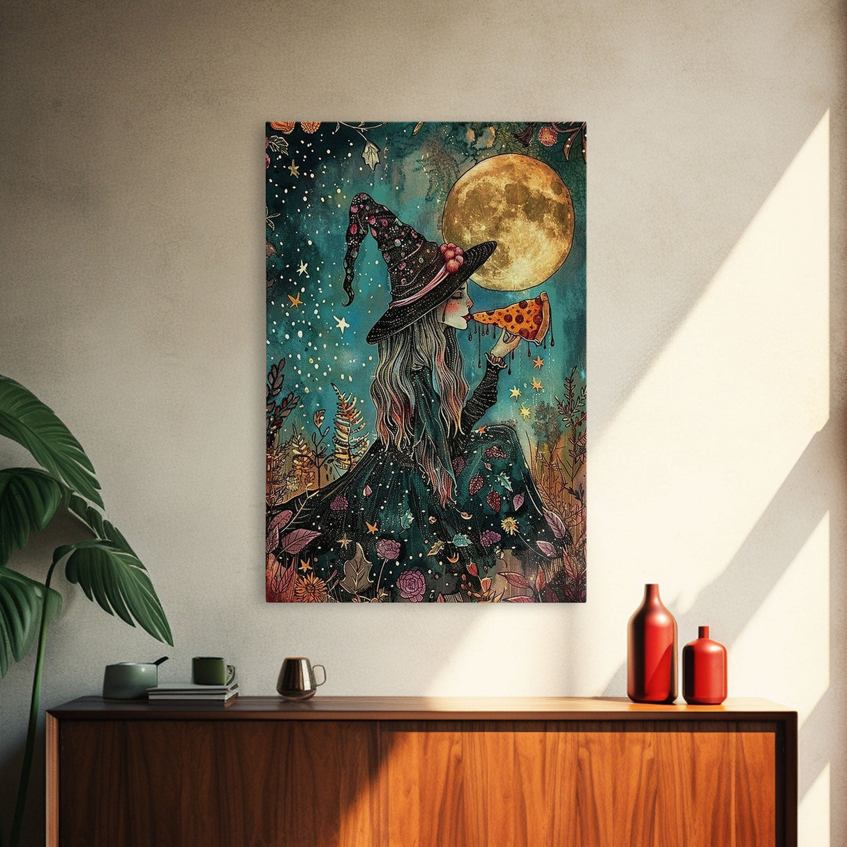 Spring Witch and Her Slice Of Pizza, Framed Canvas Print, Cute / Funny Halloween Art