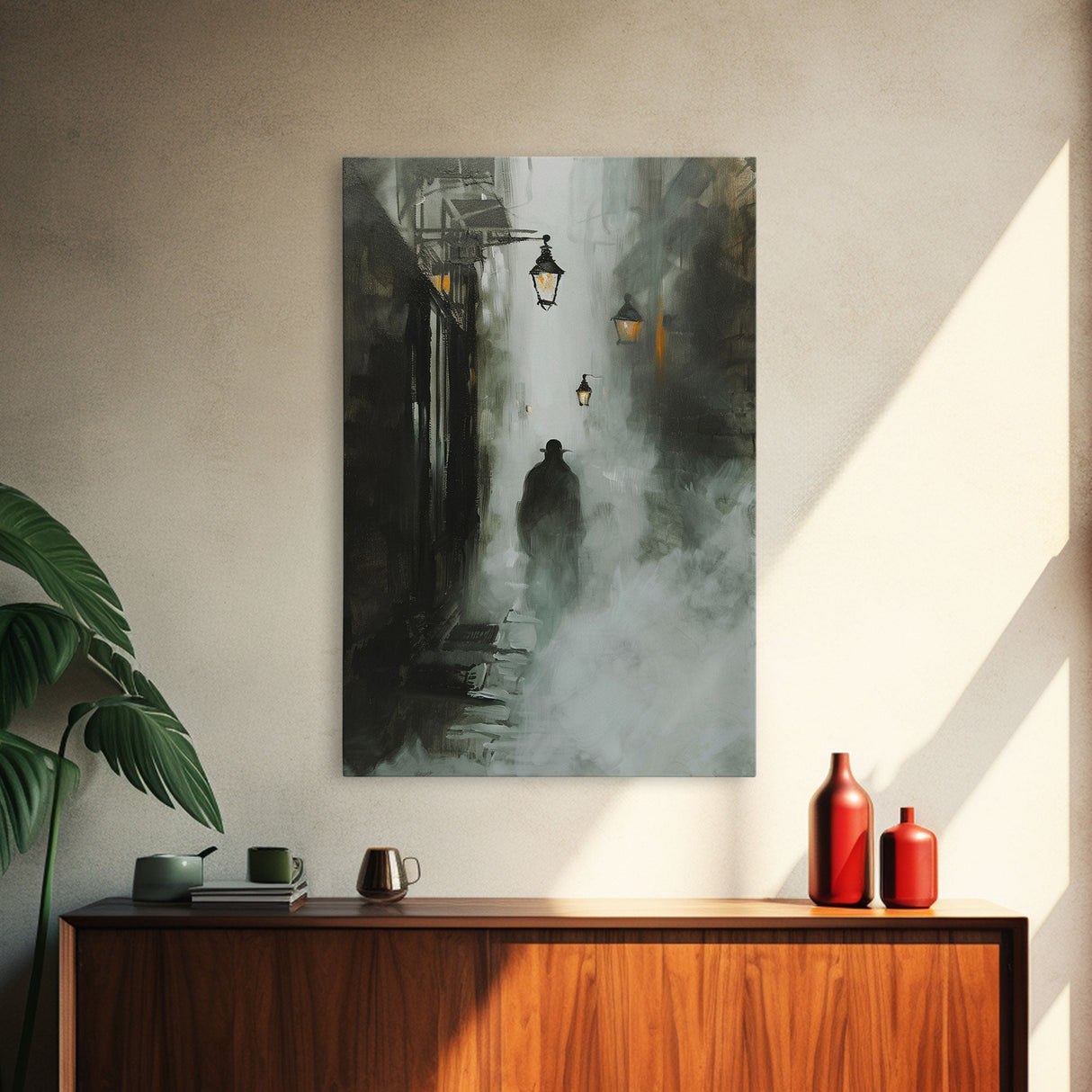 Mysterious Shadow in Fog, Halloween Art Print, Spooky Home Decor, Framed Canvas Print, Creepy Art, Halloween Wall Decor, Seasonal Wall Art