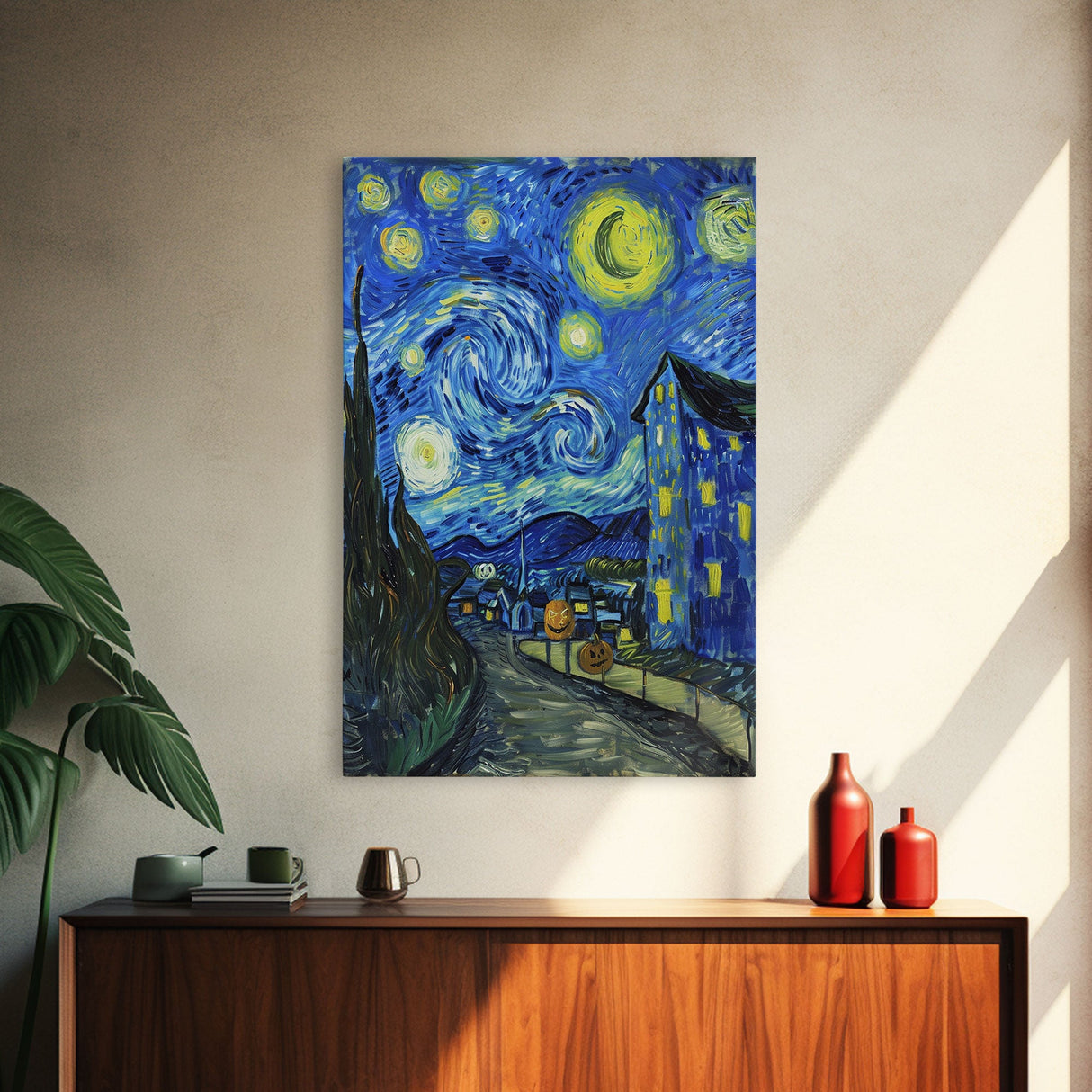 Starry Night Inspired Haunted Halloween Village Framed Canvas Print, Van Gogh Inspired, Spooky Season Halloween Art