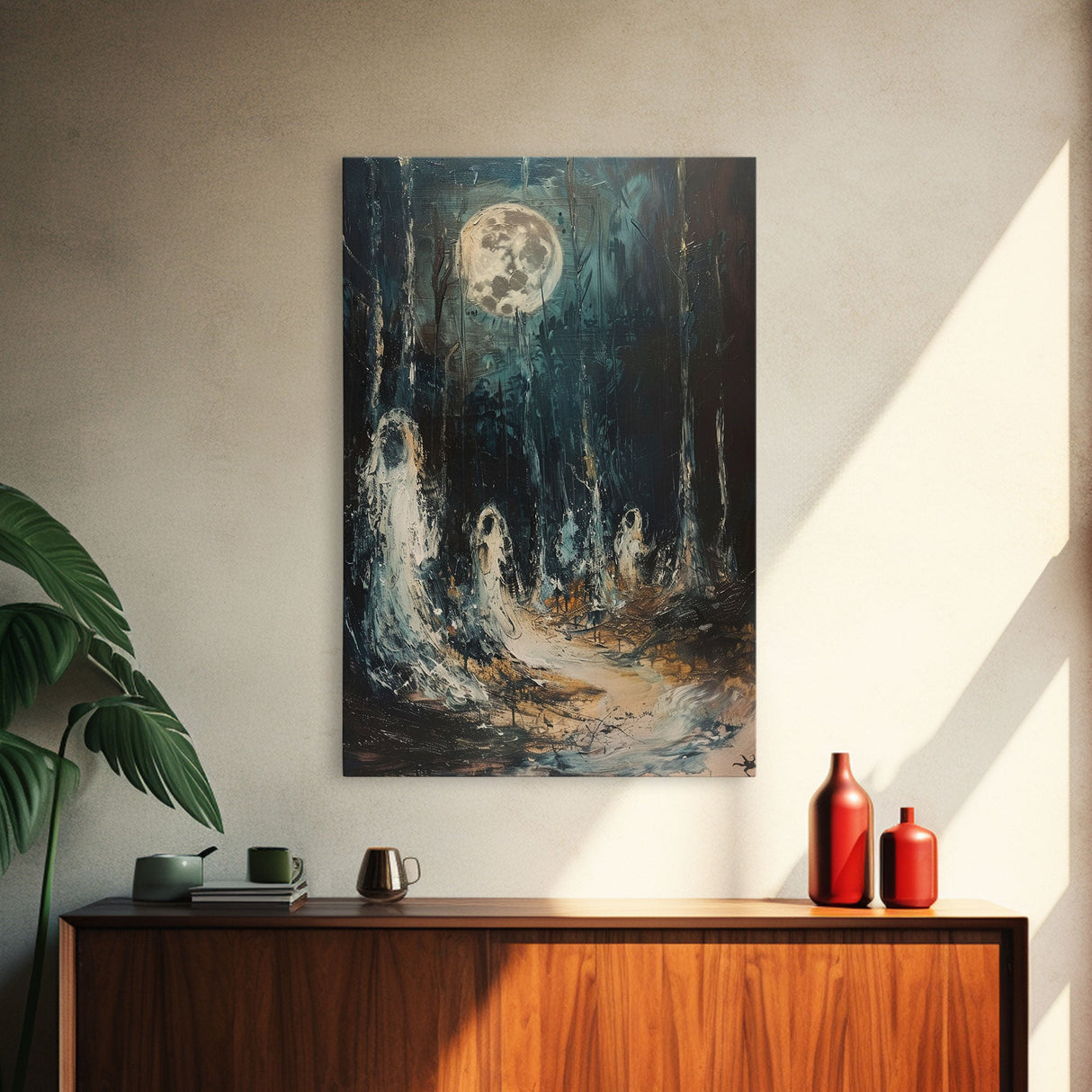 Ghostly Figures in Forest, Halloween Art Print, Spooky Home Decor, Framed Canvas Print, Creepy Art, Halloween Wall Decor, Seasonal Wall Art