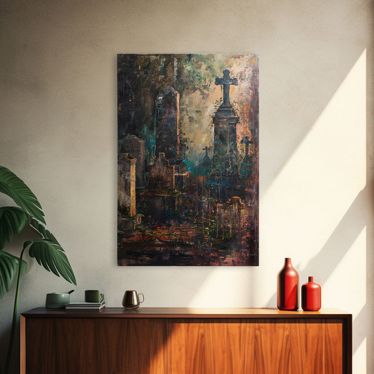 Gloomy Cemetery Halloween Art, Spooky Graveyard, Haunted Cemetery, Creepy Gravestones, Dark Artwork, Framed Canvas Print