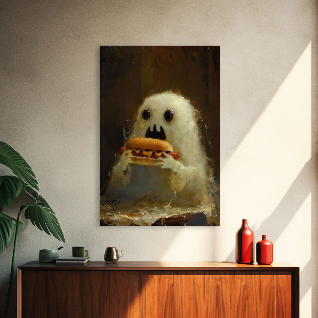 Cute Ghost Chompin on A Hot Dog, Ghostly Hot Dog Thief, Framed Canvas Print, Funny Halloween Spooky Season Art