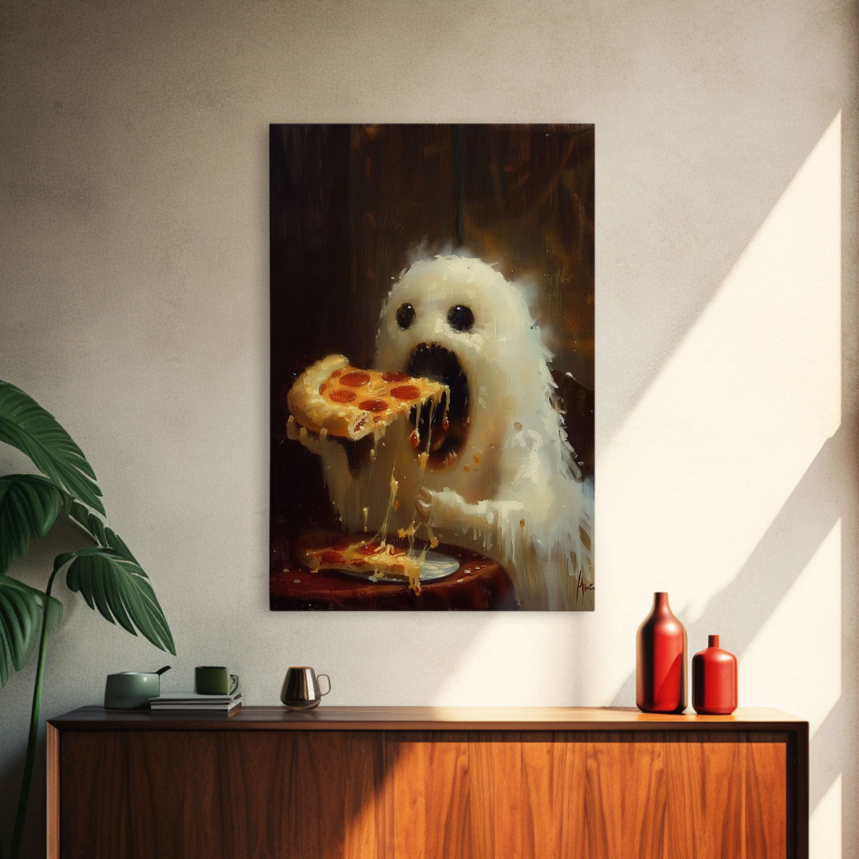 Cute Ghost Chompin on A Pizza, Ghostly Pizza Pirate, Framed Canvas Print, Funny Halloween Spooky Season Art