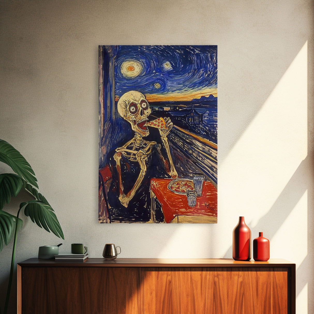 Spooky Skeleton Dude Eatin' a Pizza, Starry Night Inspired Funny Halloween Art, Framed Canvas Print