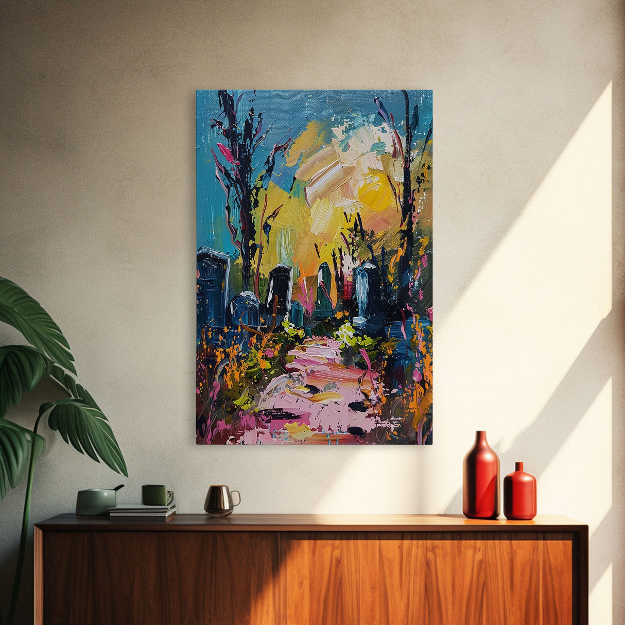 Colorful Haunted Cemetary, Springtime Halloween Mashup, Spooky Season Vibes, Framed Canvas Print, Haunted Graveyard