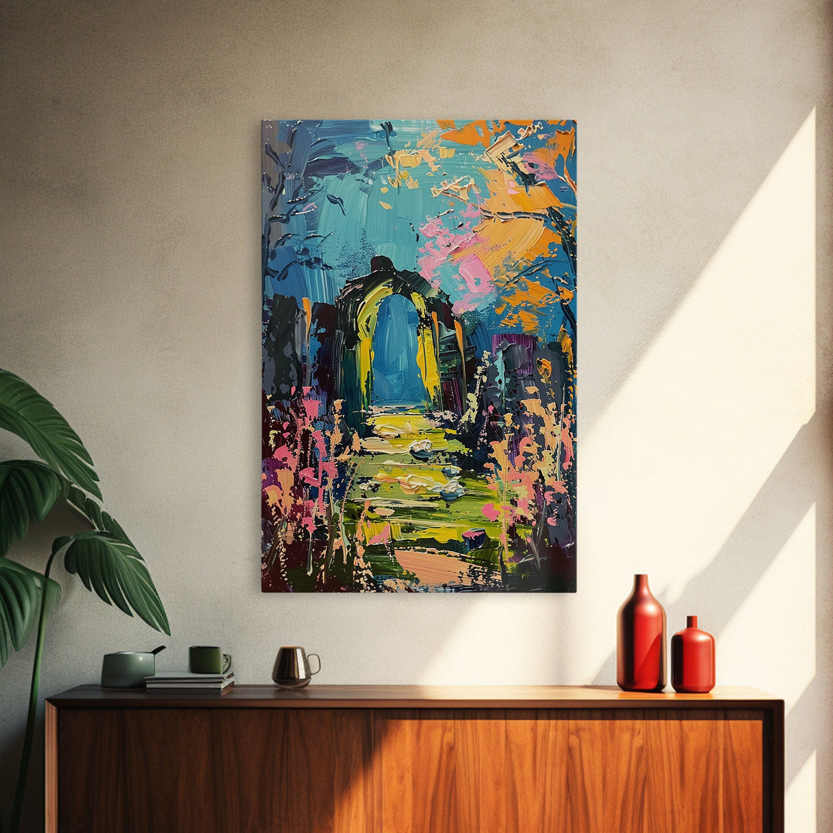 Enchanted Path Framed Canvas Print, Halloween Art, Spooky Garden, Haunted Walkway, Fall Decor Gothic Decor, Ghostly Archway, Eerie Landscape