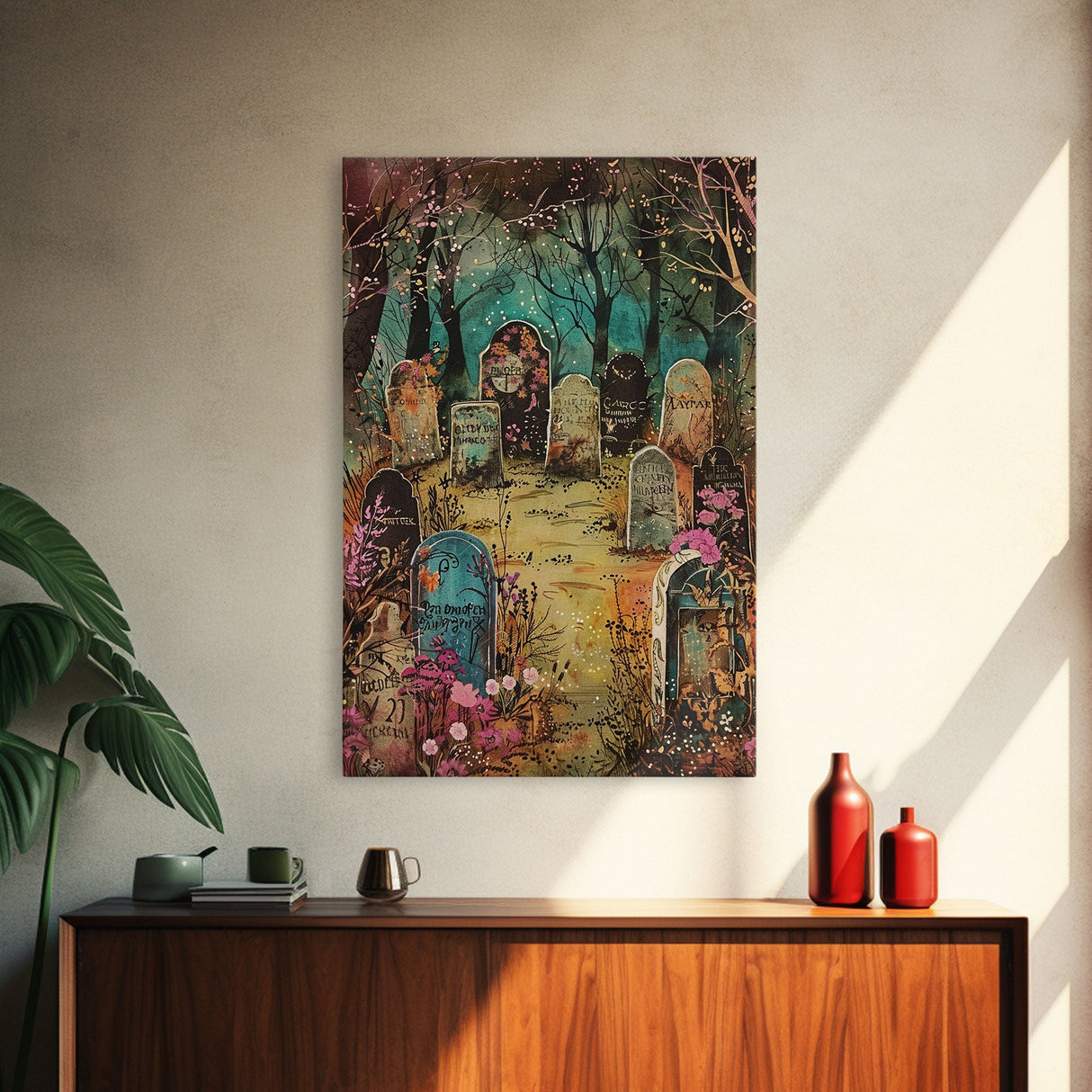 Spooky Graveyard Framed Canvas Print, Halloween Wall Art, Haunted Cemetery, Gothic Vibes, Spooky Decor, Haunted Scene, Halloween Decoration