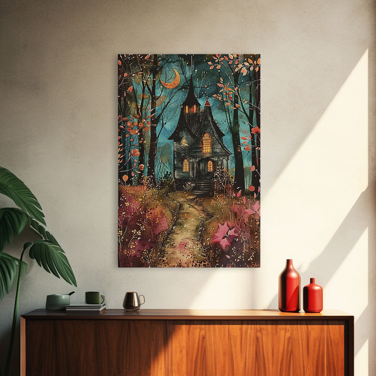 Enchanted Forest Pathway Framed Canvas Print, Haunted Woods Art, Halloween Night, Spooky Path Decor, Mysterious Artwork, Framed Canvas Print