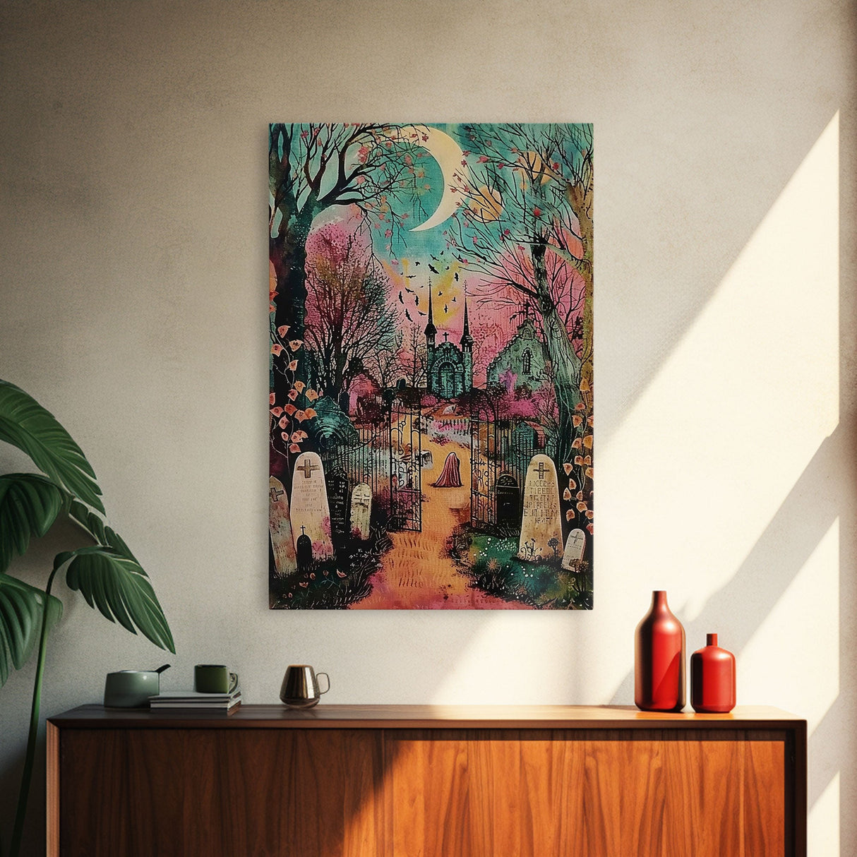 Creepy Moonlit Trees Framed Canvas Print, Haunted Forest Art, Halloween Night Scene, Eerie Woods Decor, Spooky Artwork, Framed Canvas Print