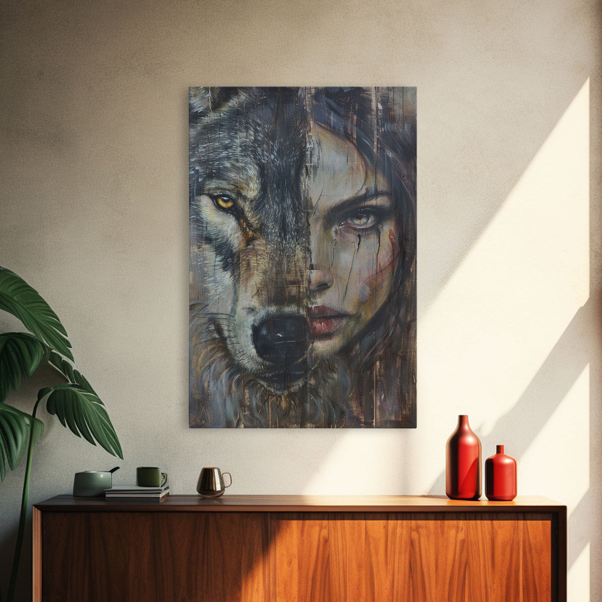 Half Witch Half Wolf, Double Exposure, Unique Halloween Art Framed Canvas Print, Halloween Products, Spooky Witch Poster Art