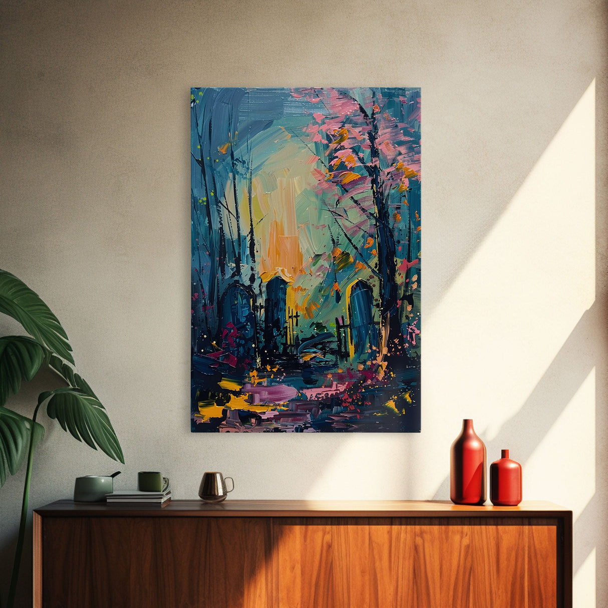 Haunted Forest Graveyard Framed Canvas Print, Spooky Cemetery Art, Halloween, Eerie Graveyard Decor, Gothic Artwork, Framed Canvas Print