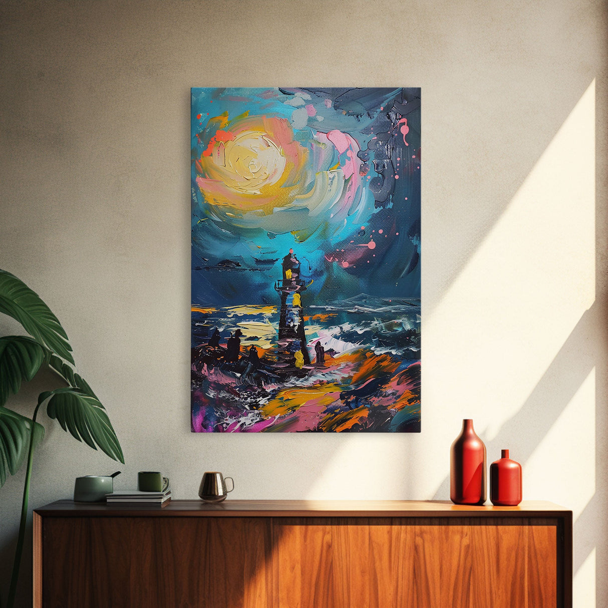 Moonlit Lighthouse Framed Canvas Print, Halloween Wall Art, Haunted Lighthouse Art, Spooky Night Decor Ocean Horror Art Halloween Home Decor