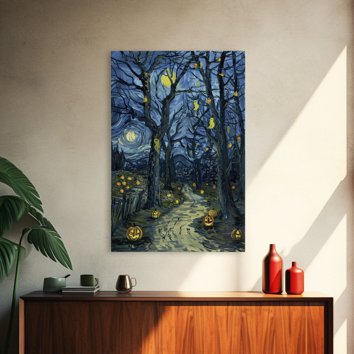 Dark Steamy Train at Night Framed Canvas Print, Halloween Wall Art, Spooky Train Station Decor, Haunted Transportation Artwork, Ghostly Art