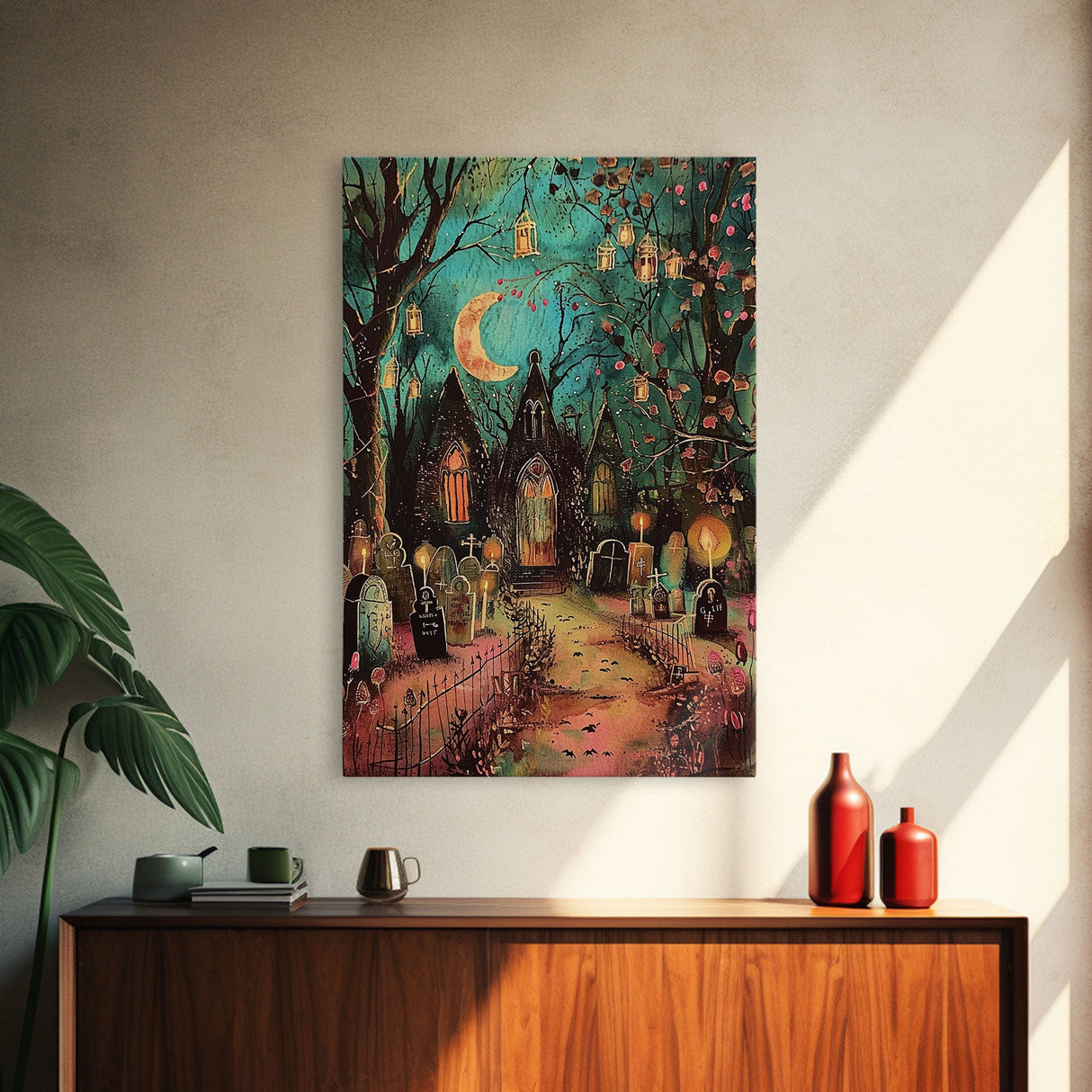 Gothic Churchyard with Moon and Lanterns Framed Canvas Print, Wall Art, Spooky Home Decor, Halloween Cemetery, Gothic Art, Haunted Graveyard