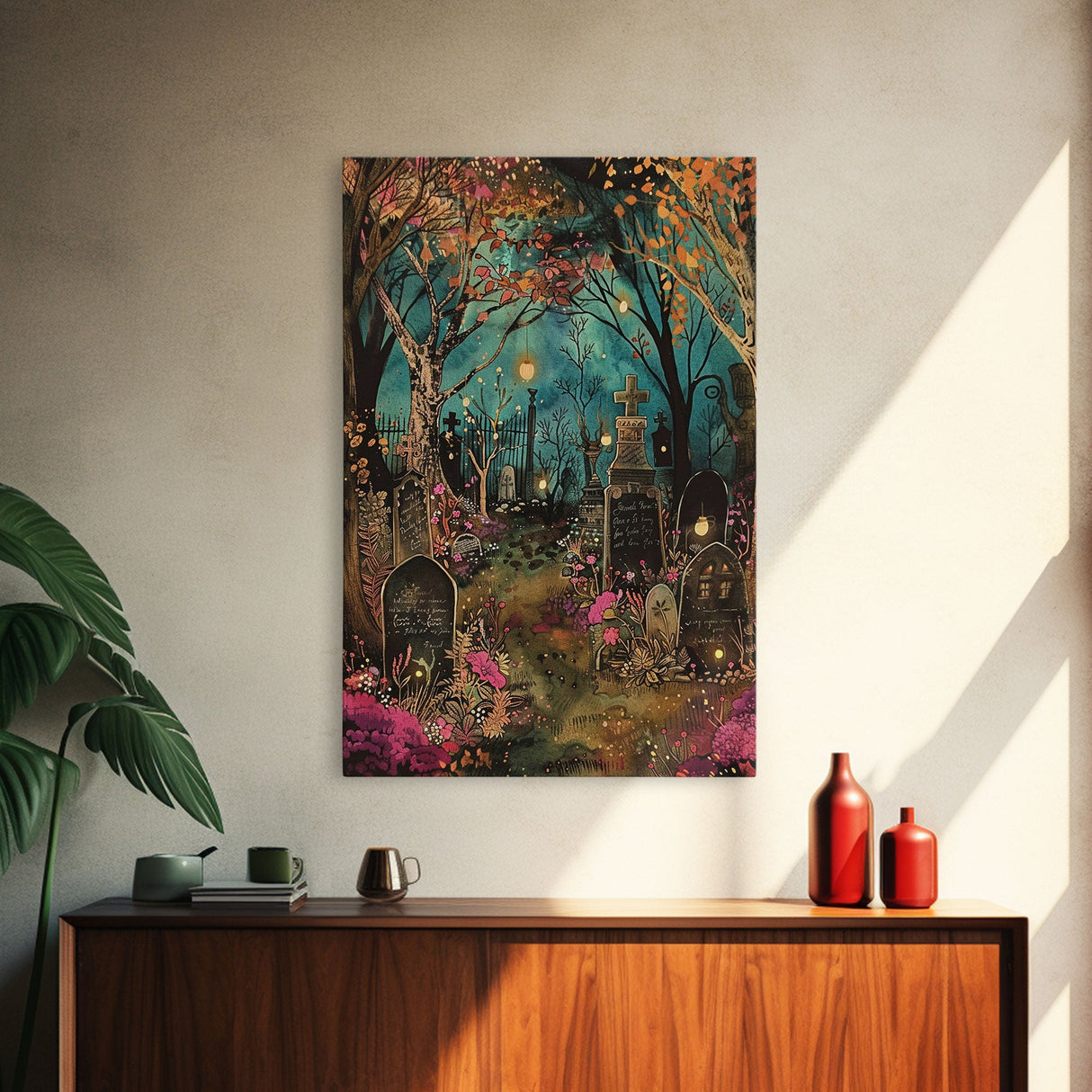 Gate to Haunted Cemetery Framed Canvas Print, Wall Art, Spooky Graveyard Art, Eerie Home Decor, Halloween Forest Painting, Spooky Graveyard