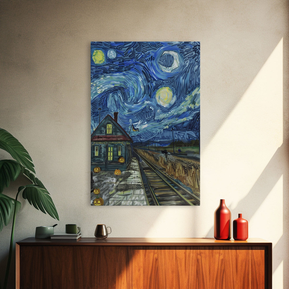 Enchanted Graveyard with Lanterns Framed Canvas Print, Wall Art, Spooky Home Decor, Halloween Cemetery Art, Mystical Art, Haunted Graveyard