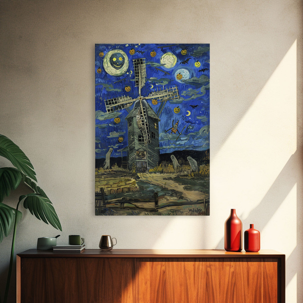 Haunted Railway Station with Pumpkins Framed Canvas Print, Wall Art, Spooky Home Decor, Halloween Train Station Art, Eerie Painting