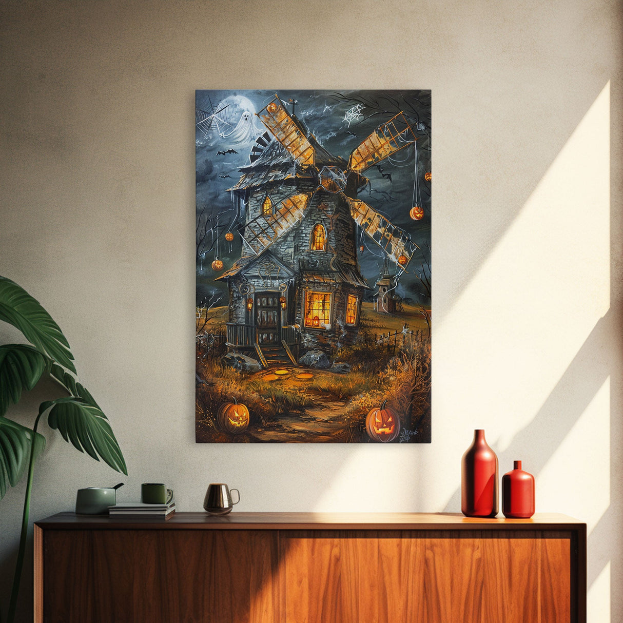 Spooky Windmill with Pumpkins Framed Canvas Print, Wall Art, Halloween Home Decor, Haunted Windmill Painting, Eerie Artwork, Halloween