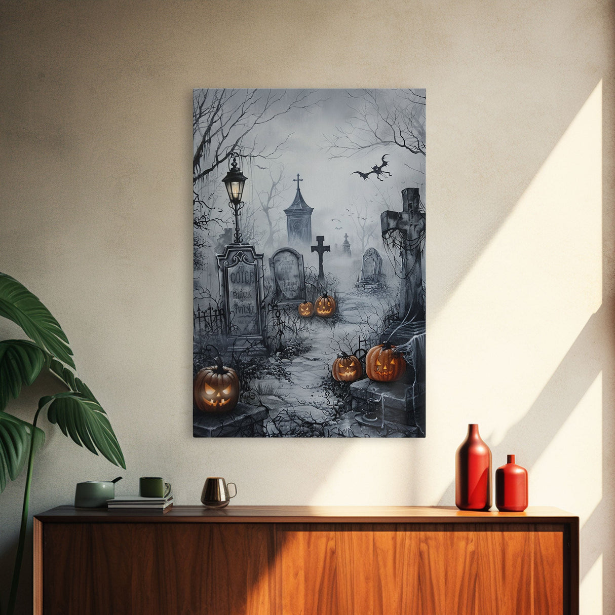 Eerie Graveyard with Pumpkins Framed Canvas Print, Halloween Wall Art, Spooky Cemetery, Home Decor, Gothic Artwork, Living Room Art, Creepy