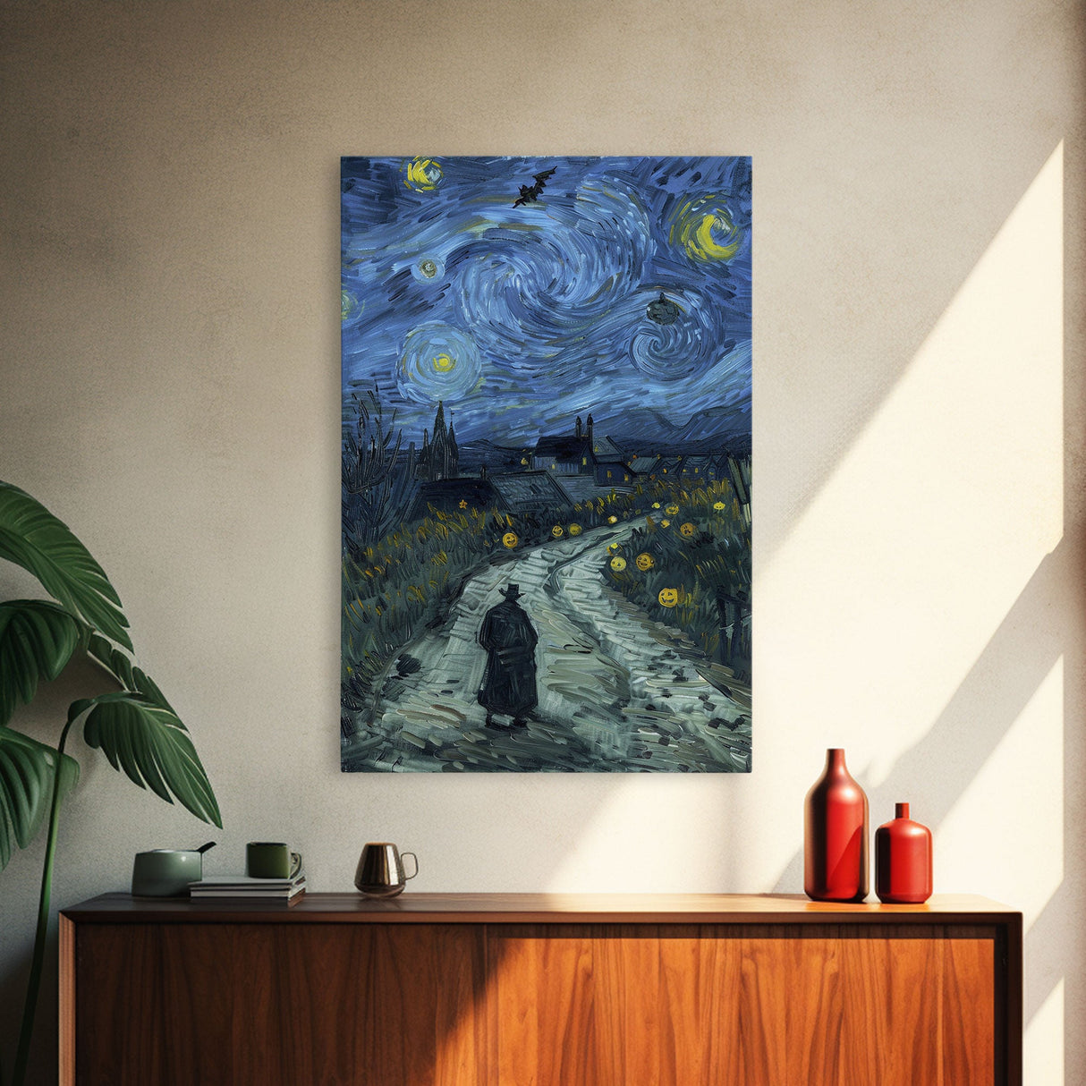 Haunted Road with Jack-O-Lanterns Framed Canvas Print, Halloween Wall Art, Starry Night Inspired, Home Decor, Spooky Art, Living Room Decor