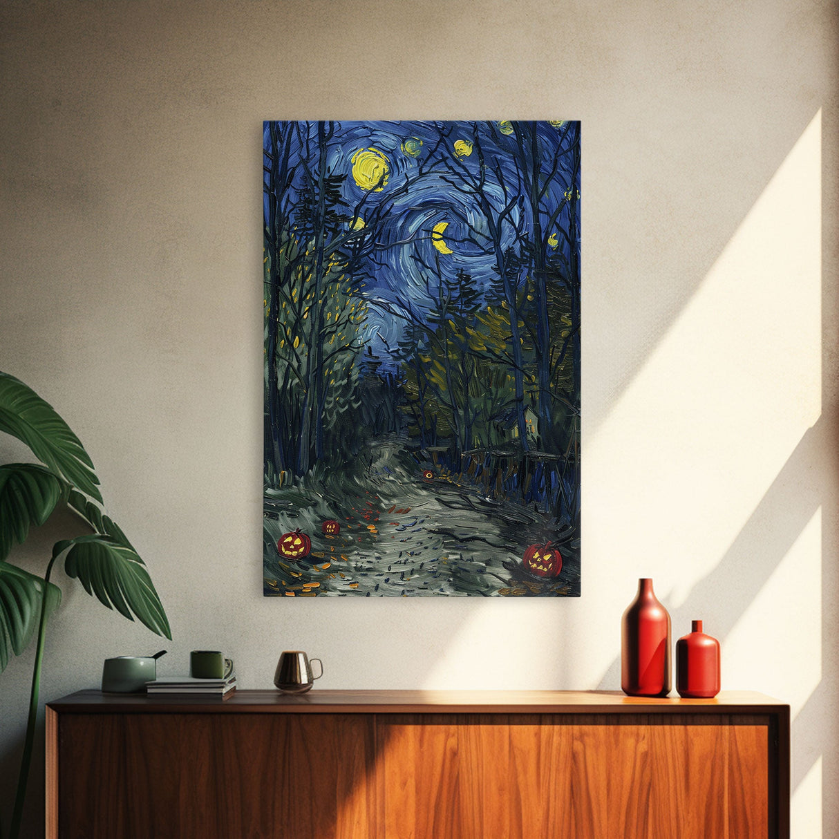Dark Forest Path with Pumpkins Framed Canvas Print, Halloween Wall Art, Starry Night Inspired, Home Decor, Spooky Art, Living Room Decor
