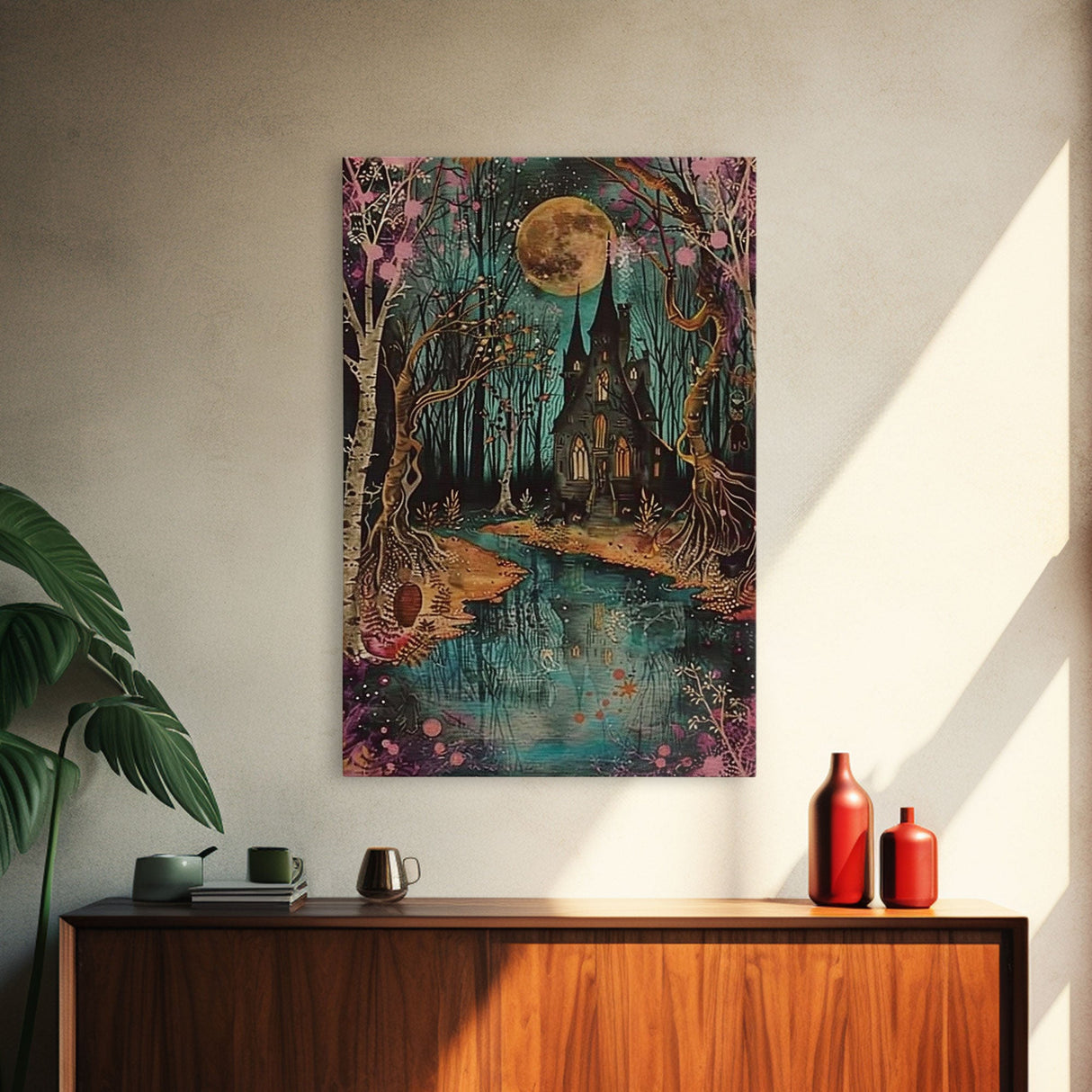 Haunted Castle by the Lake Framed Canvas Print, Halloween Wall Art, Spooky Art, Home Decor, Living Room Decor, Gothic Artwork, Creepy Castle