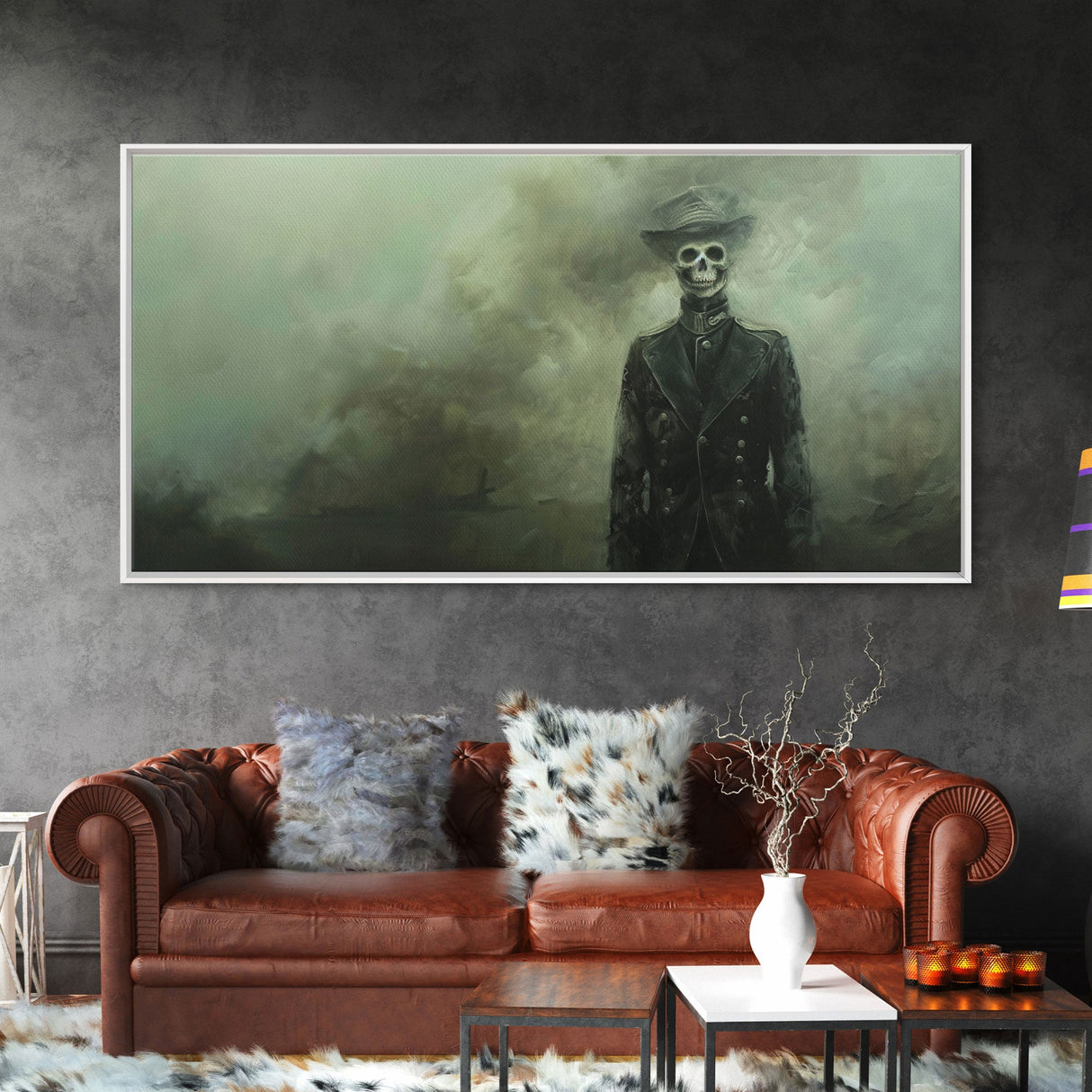 Dapper Skeleton In The Fog, Framed Canvas Print, Halloween Decor, Macabre Dark Academia Wall Art