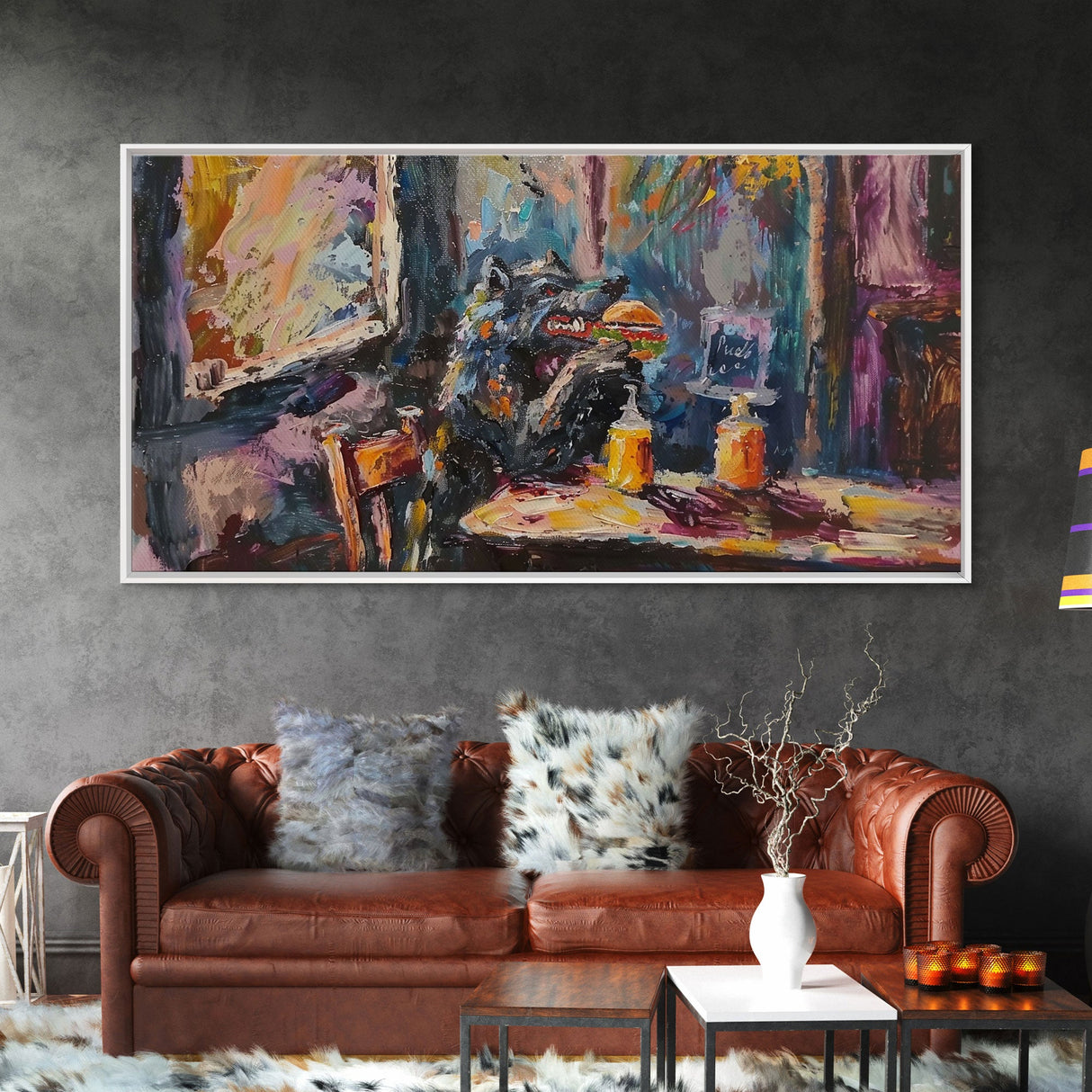 Funny Werewolf Having a Cheeseburger in a diner, framed canvas print, halloween decor